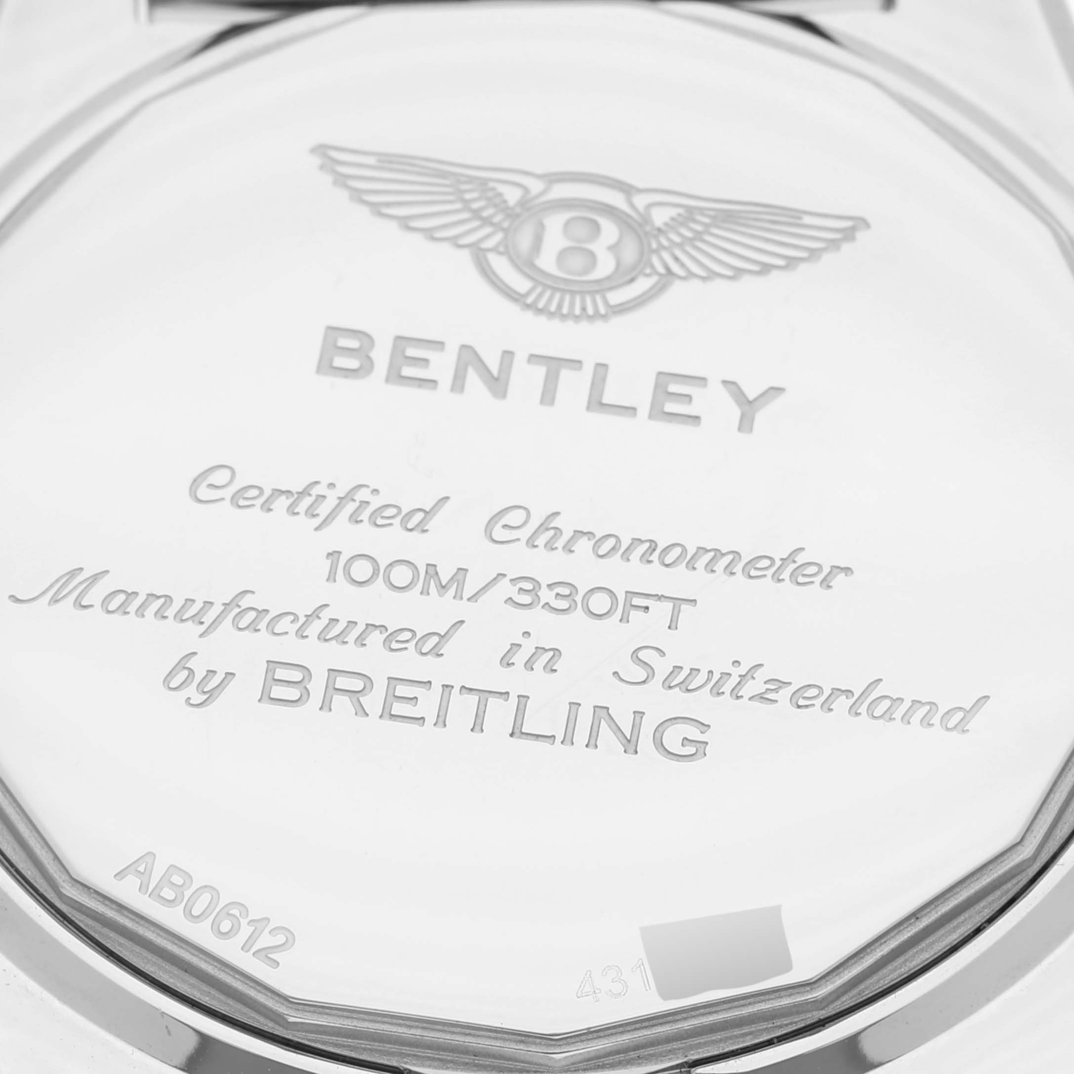 This image shows the back case of a Bentley model watch by Breitling, highlighting the branding and specifications.