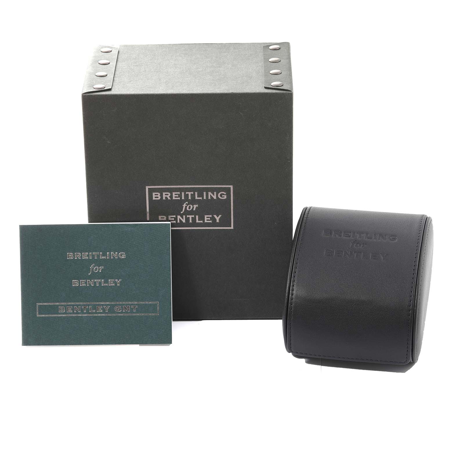 The image shows the packaging, a booklet, and a case for the Breitling Bentley A47362 Men's Stainless Steel Black Dial A47362 Men's Stainless Steel Black Dial watch model.