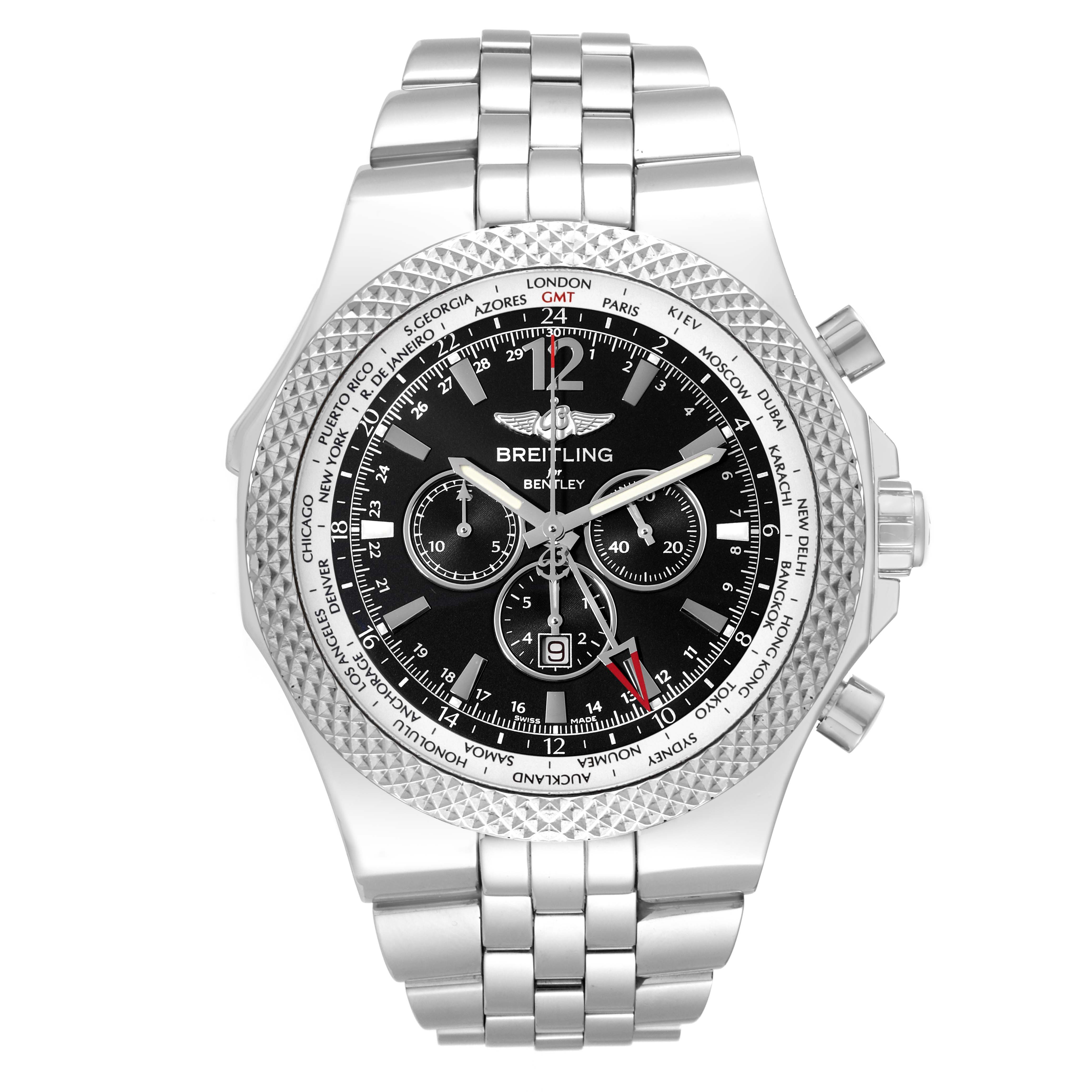 The Bentley Breitling watch is shown from a front angle, highlighting its dial, bezel, and metal bracelet.