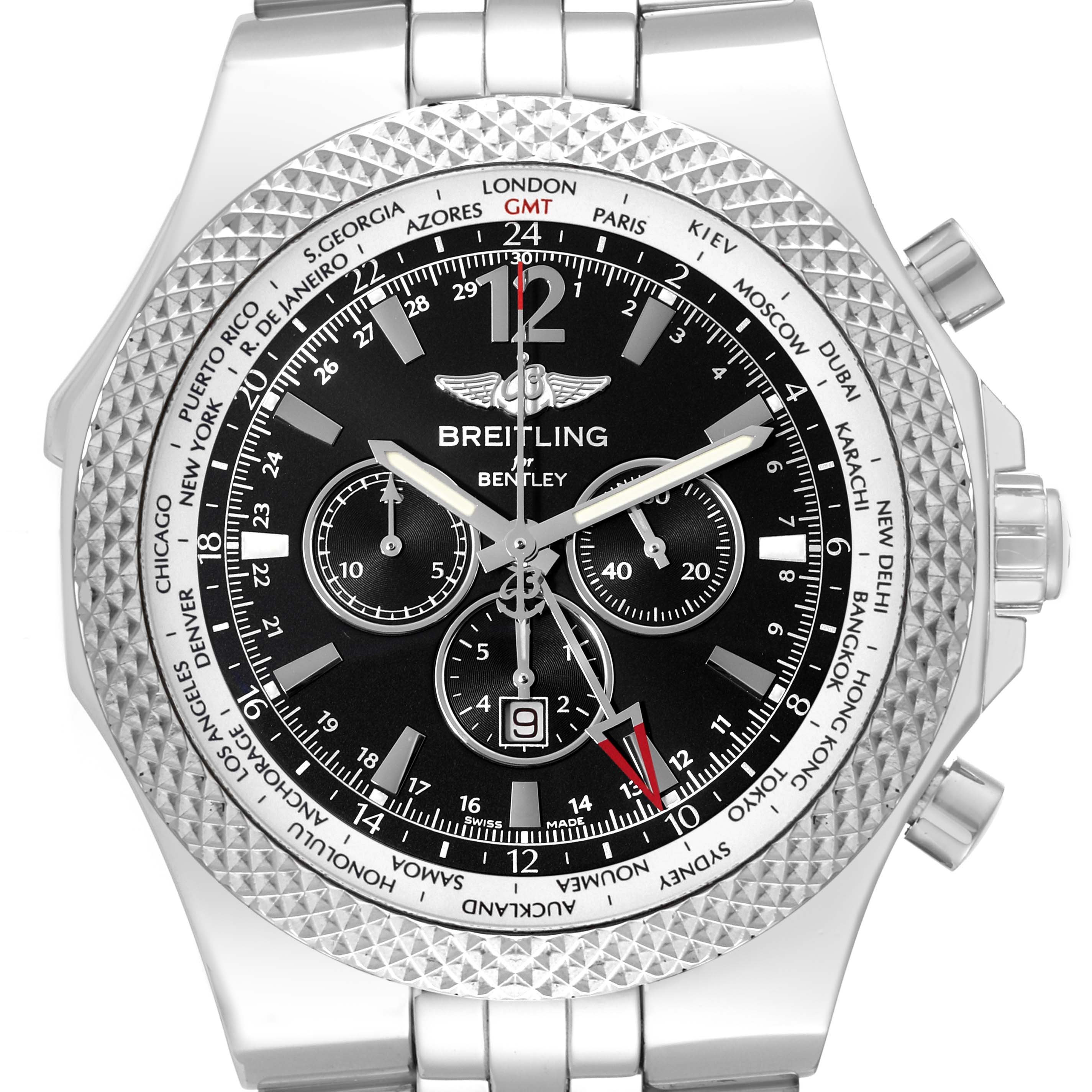 The image shows a Breitling Bentley A47362 Men's Stainless Steel Black Dial A47362 Men's Stainless Steel Black Dial watch from a frontal angle, focusing on the dial, bezel, and part of the stainless steel bracelet.