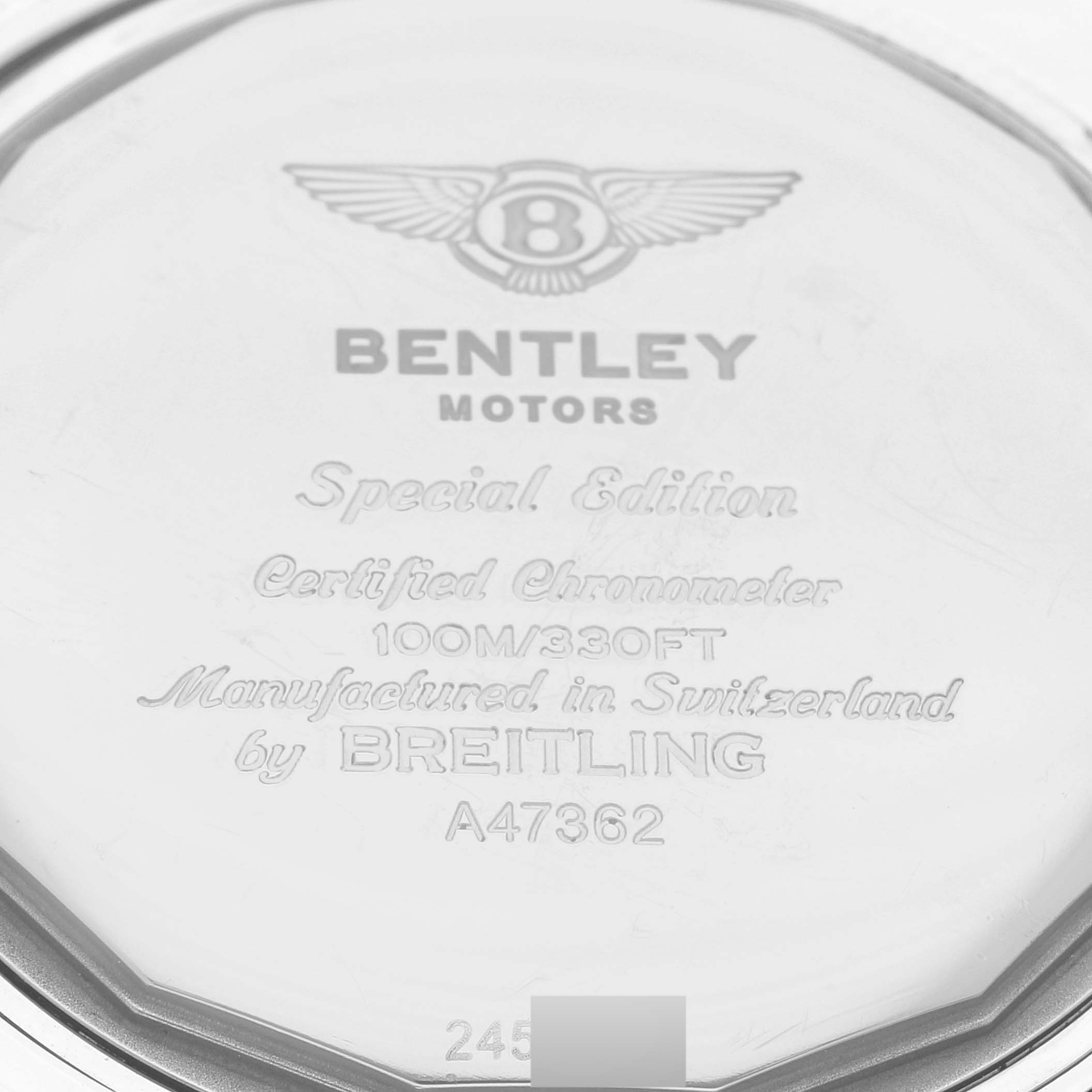 This image shows the engraved case back of a Bentley model watch by Breitling.