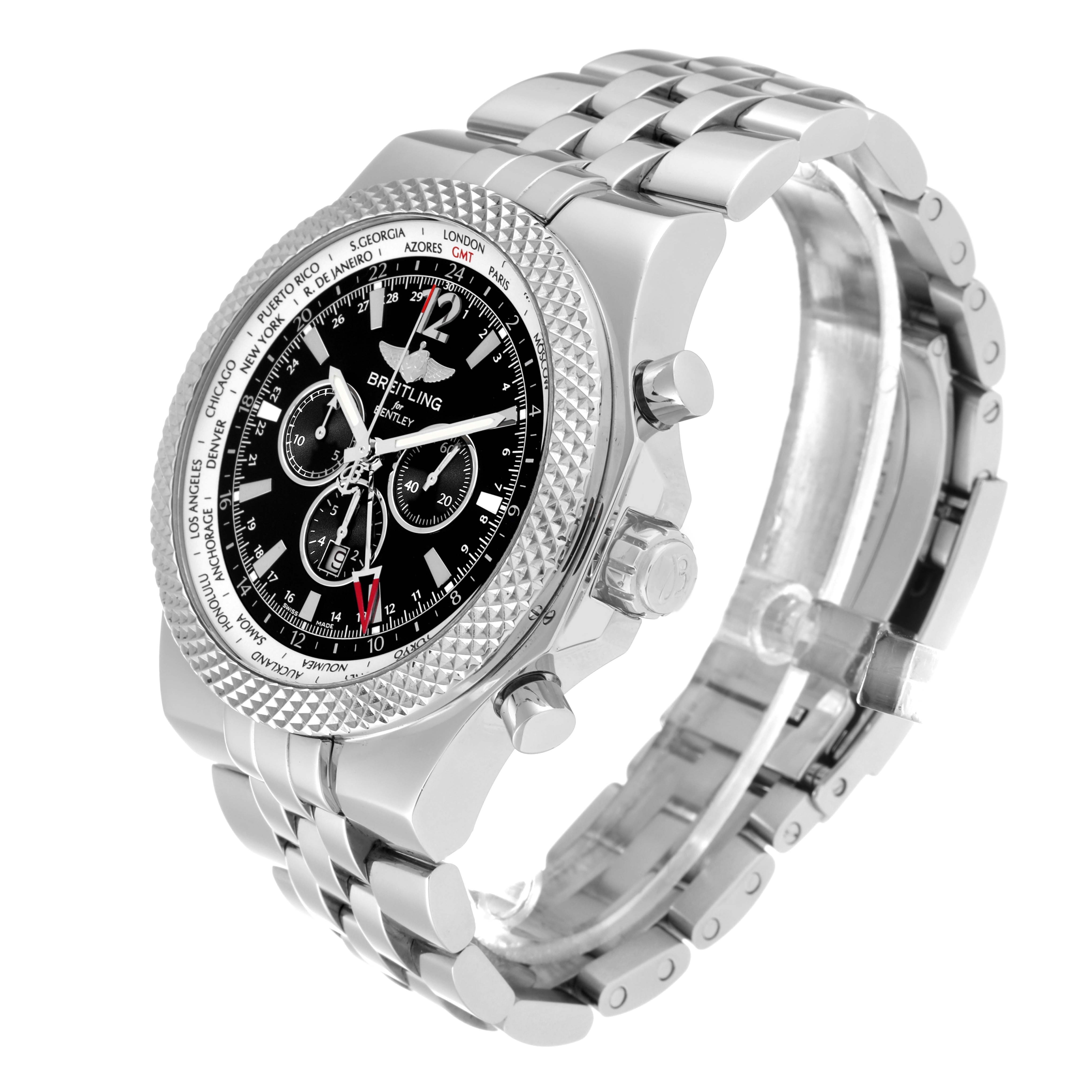 The image shows a side angle of a Breitling Bentley A47362 Men's Stainless Steel Black Dial A47362 Men's Stainless Steel Black Dial watch, highlighting its face, bezel, crown, and metal bracelet.