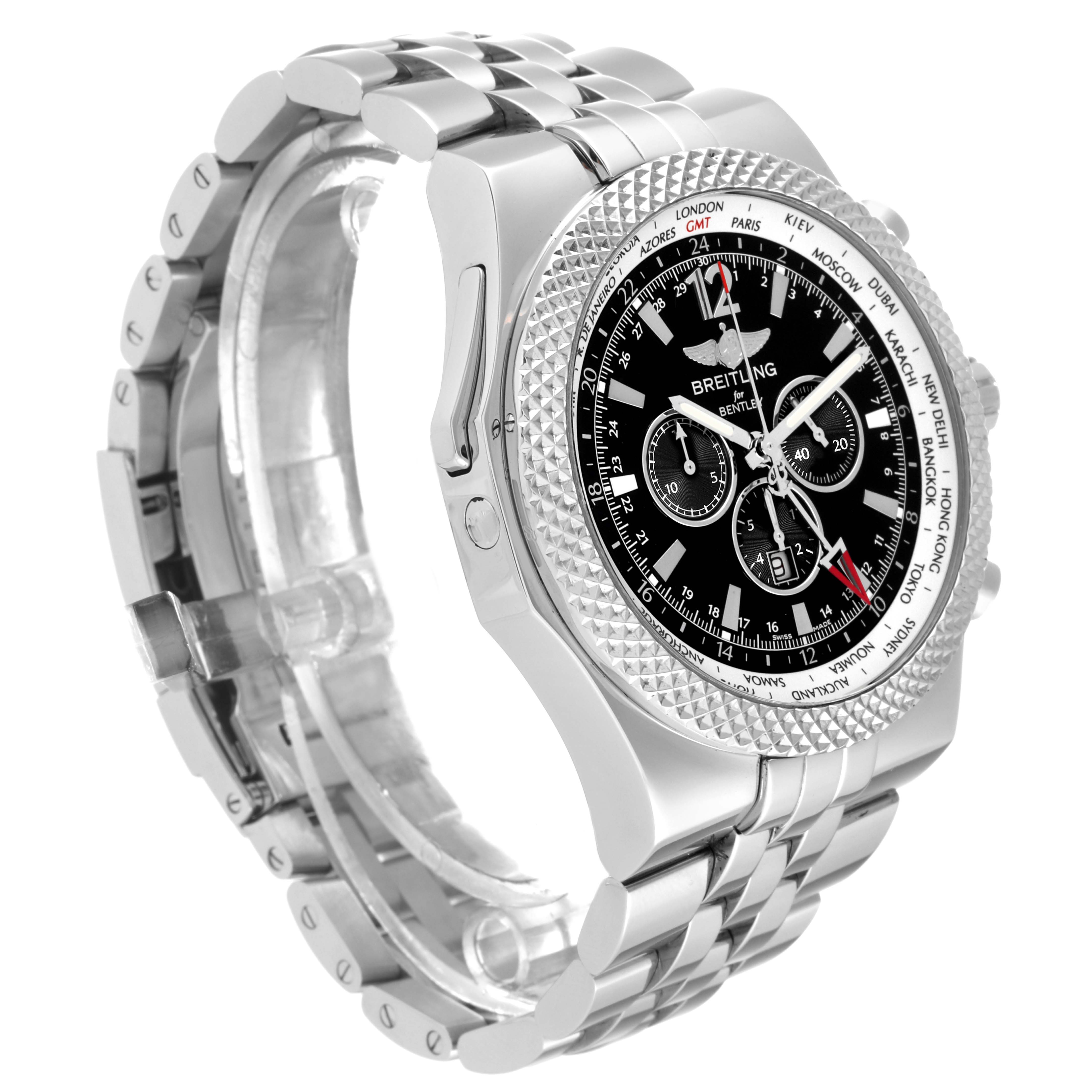 The Breitling Bentley A47362 Men's Stainless Steel Black Dial A47362 Men's Stainless Steel Black Dial watch is shown at an angled view, highlighting the metal bracelet, bezel, and black dial with chronograph sub-dials.