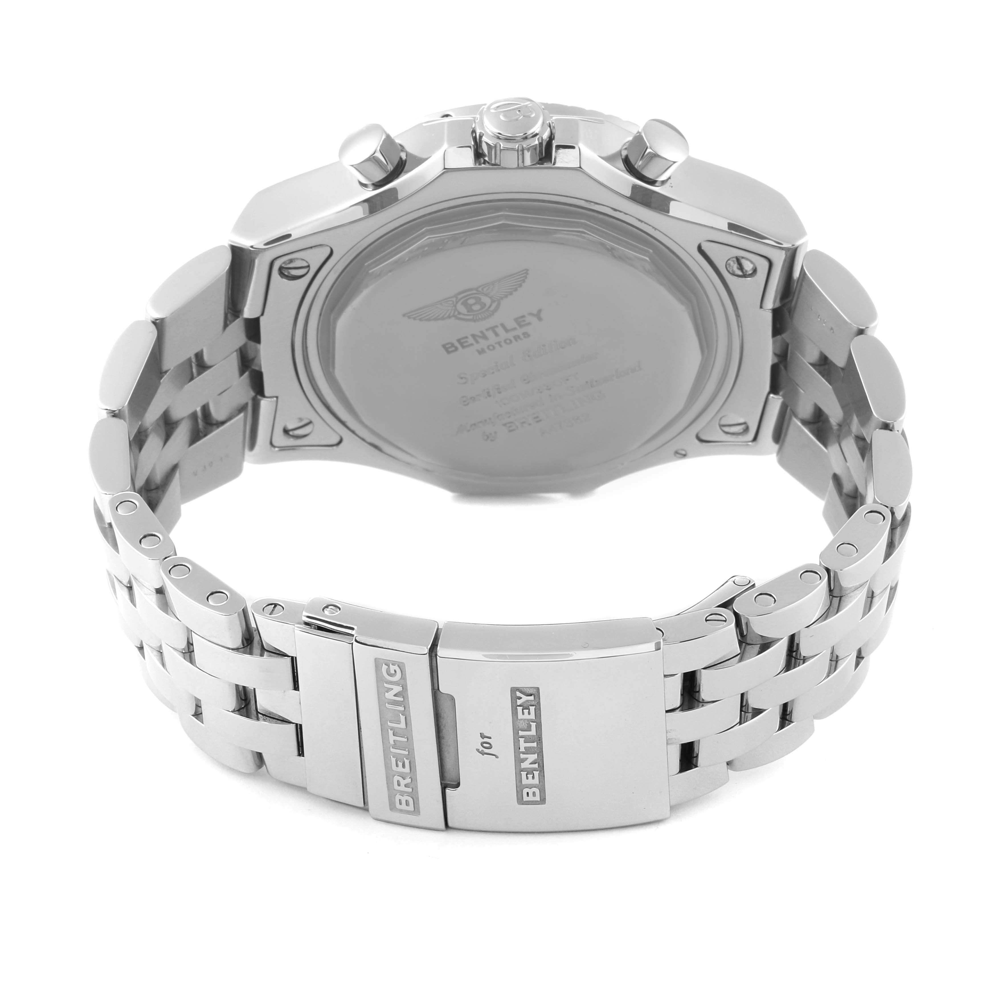 This is the back view of a Breitling Bentley A47362 Men's Stainless Steel Black Dial A47362 Men's Stainless Steel Black Dial model watch showing its bracelet, clasp, and case back.