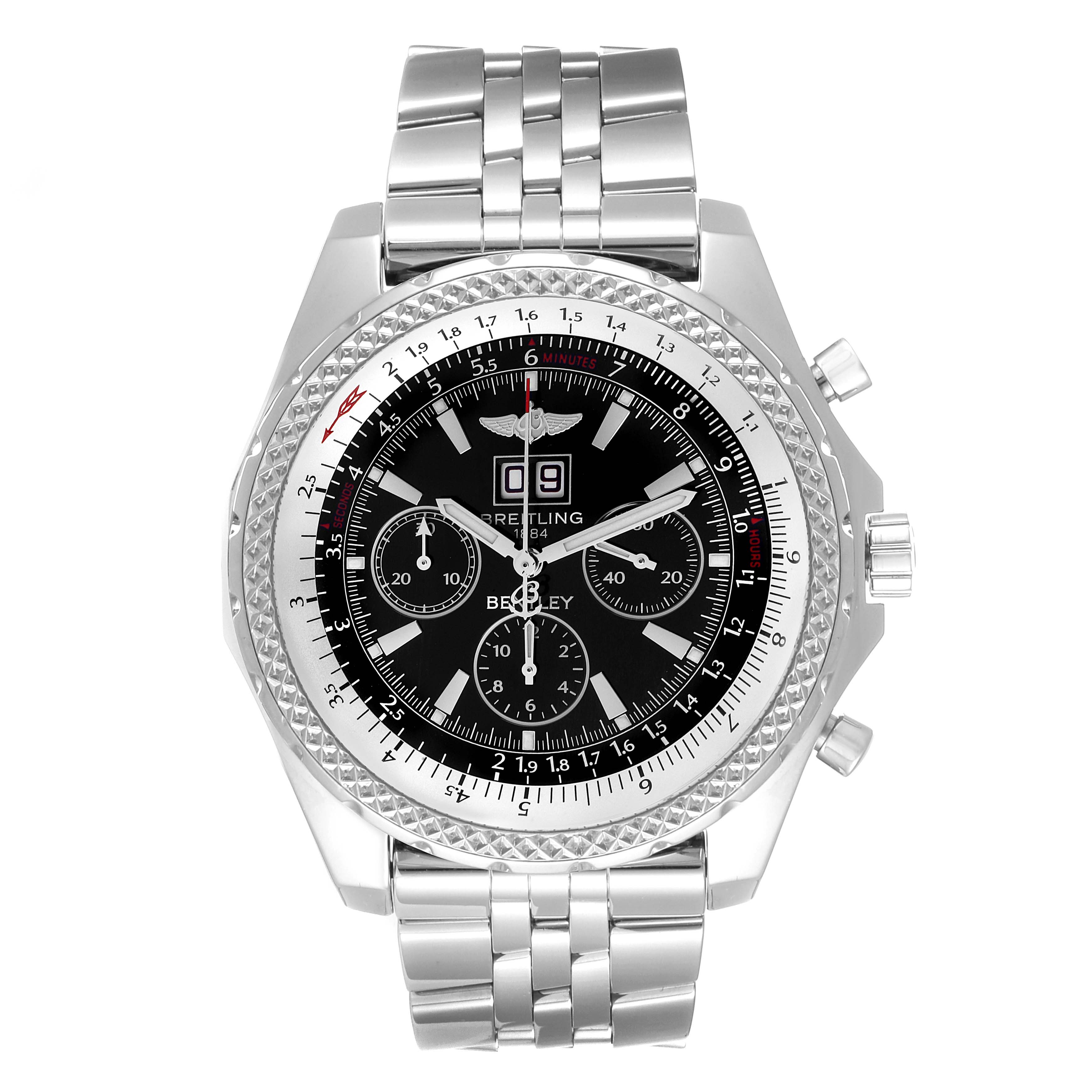 This image shows a frontal view of a Breitling Bentley A44362 Men's Stainless Steel Black Dial A44362 Men's Stainless Steel Black Dial watch, highlighting its dial, bezel, and metal bracelet.