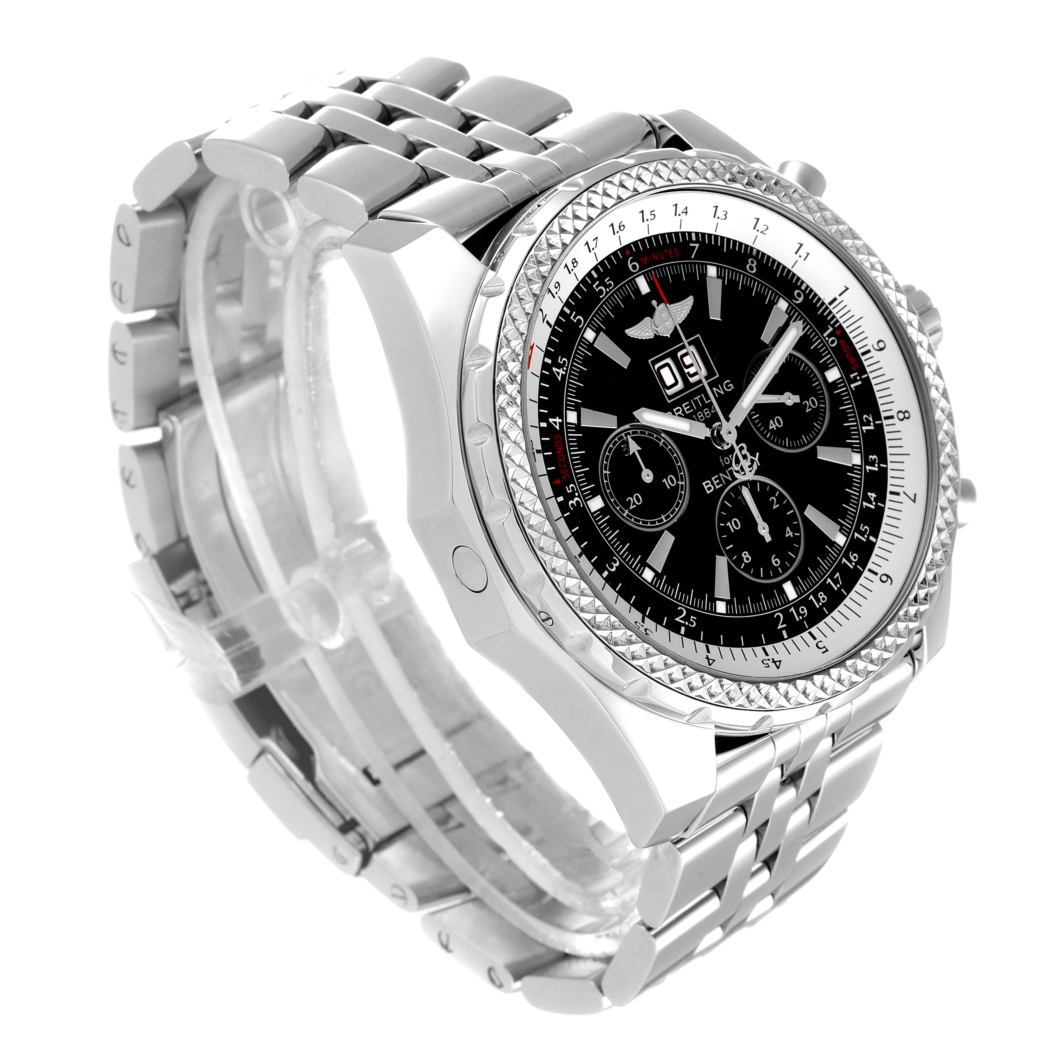 The Bentley model watch by Breitling is shown from a front-side angle, displaying the face, bezel, and bracelet.