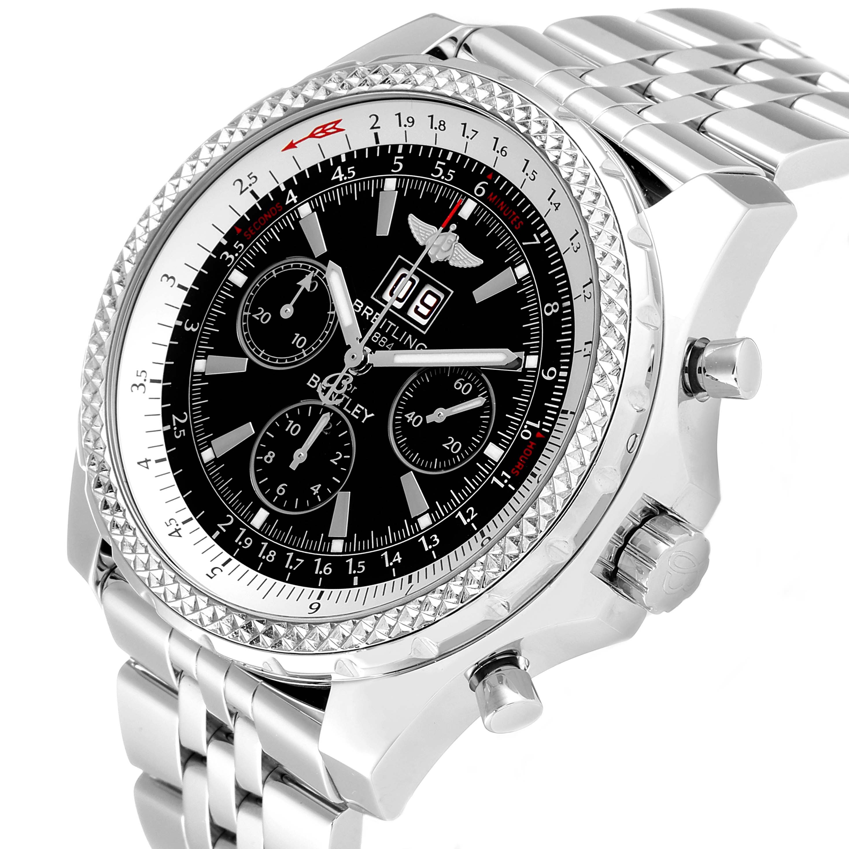 This image shows a close-up of the face and right side of the Bentley model watch by Breitling, highlighting the bezel, crown, and chronograph pushers.