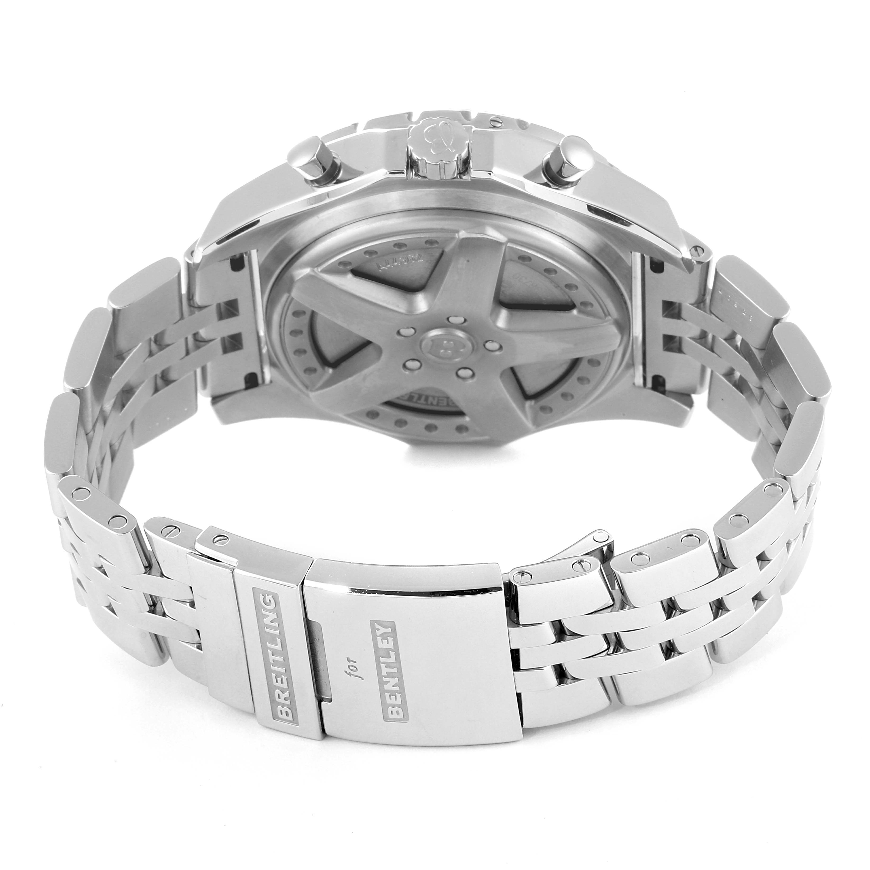 The image shows the back view of a Breitling Bentley A44362 Men's Stainless Steel Black Dial A44362 Men's Stainless Steel Black Dial watch, highlighting its clasp and bracelet.