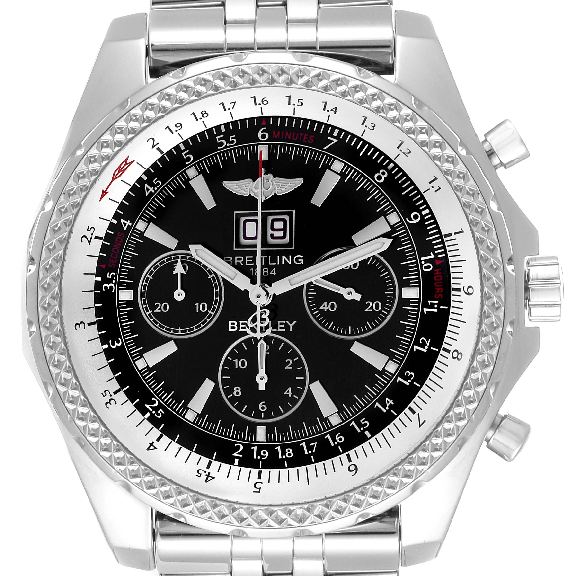 The image shows a frontal view of the dial and bezel of the Breitling Bentley A44362 Men's Stainless Steel Black Dial A44362 Men's Stainless Steel Black Dial watch, highlighting the chronograph features and metal band.