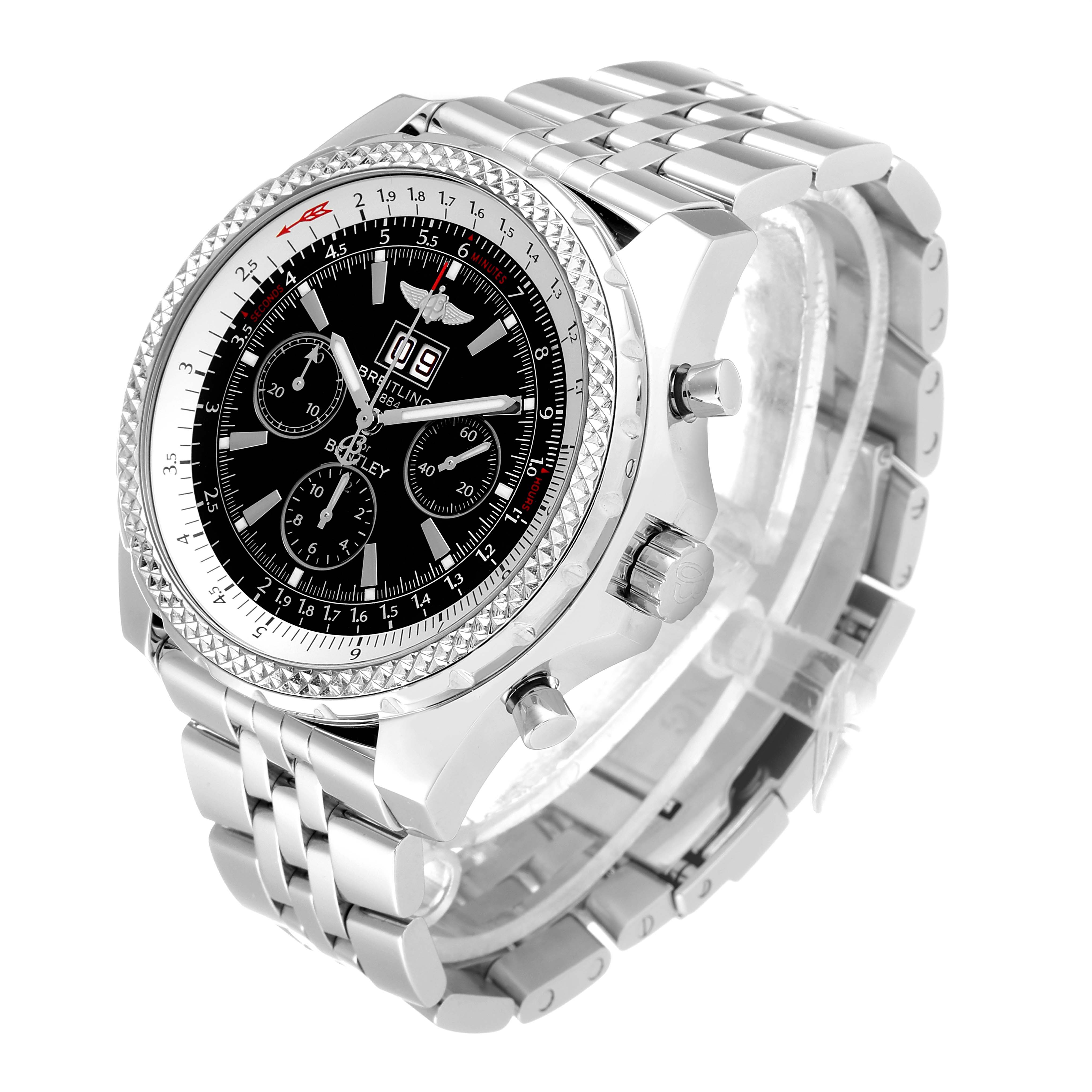 The Breitling Bentley A44362 Men's Stainless Steel Black Dial A44362 Men's Stainless Steel Black Dial watch is shown at a three-quarter angle, highlighting its face, bezel, and metal bracelet.