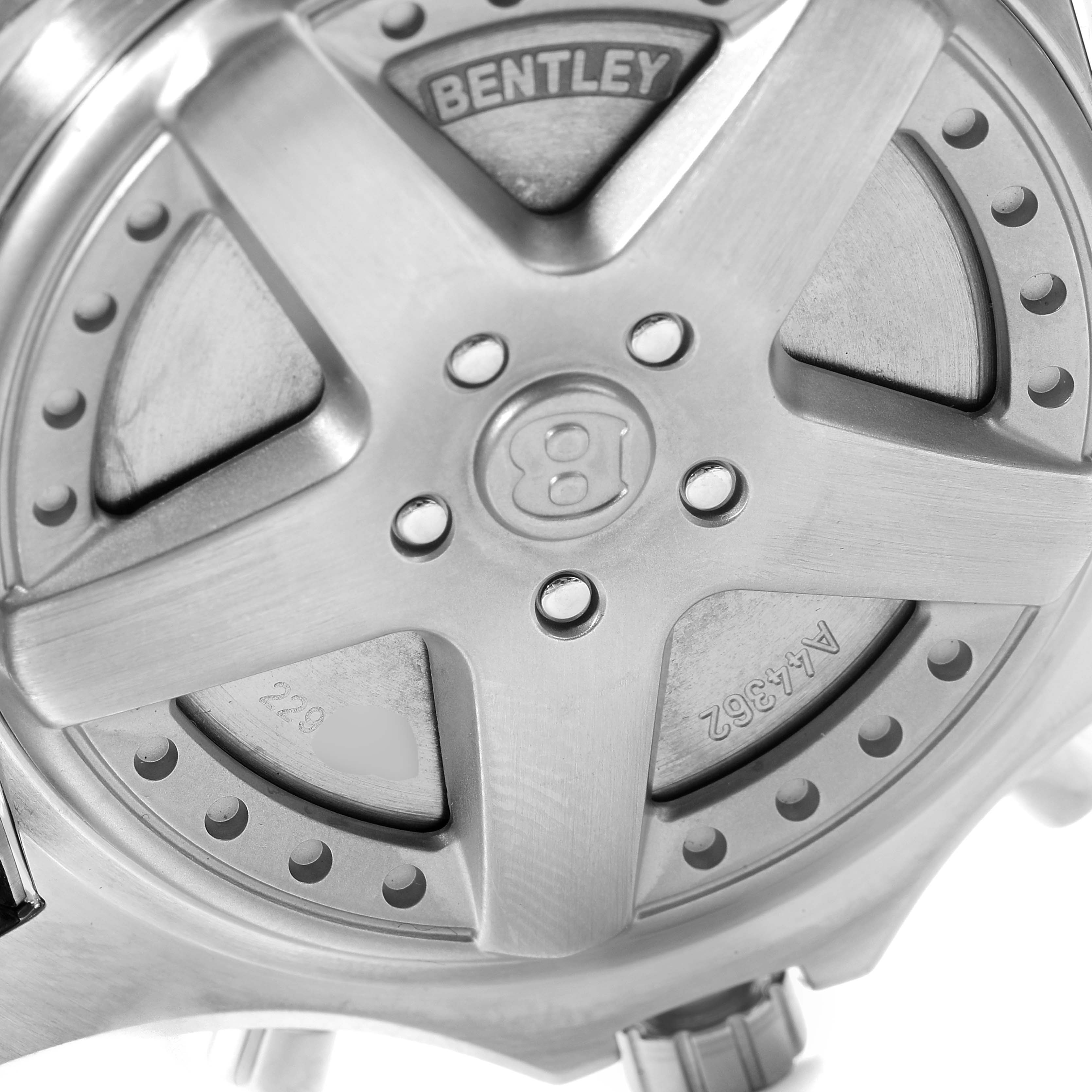 The image shows a rear close-up view of the Breitling Bentley A44362 Men's Stainless Steel Black Dial A44362 Men's Stainless Steel Black Dial model watch, highlighting the case back design.