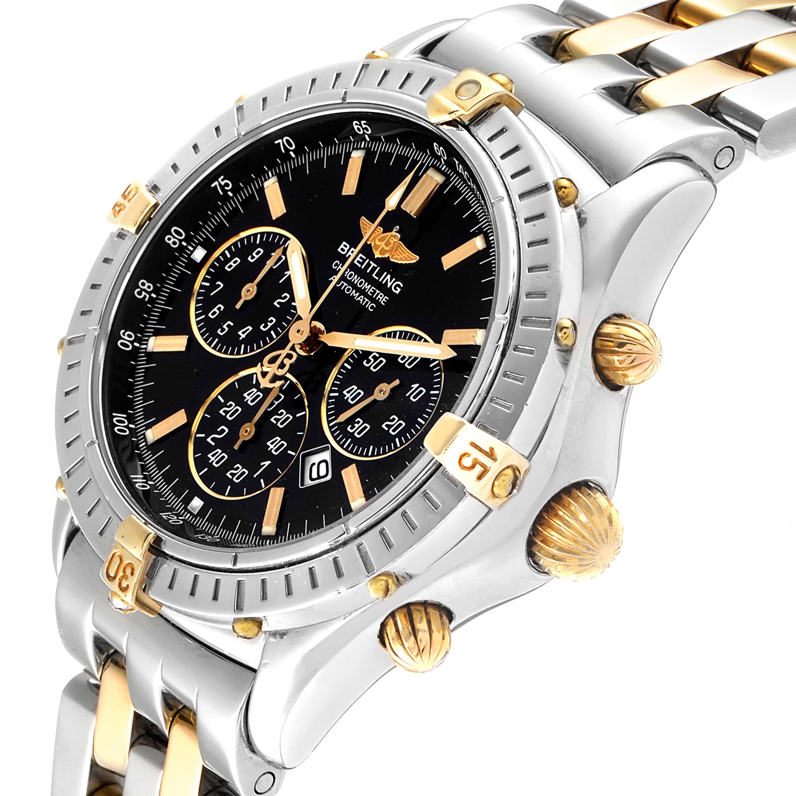 The image shows a Breitling Professional Series B35312 Men's Steel and Gold (two tone) Black Dial B35312 Men's Steel and Gold (two tone) Black Dial watch at a slight angle, highlighting its dial, bezel, and bracelet.