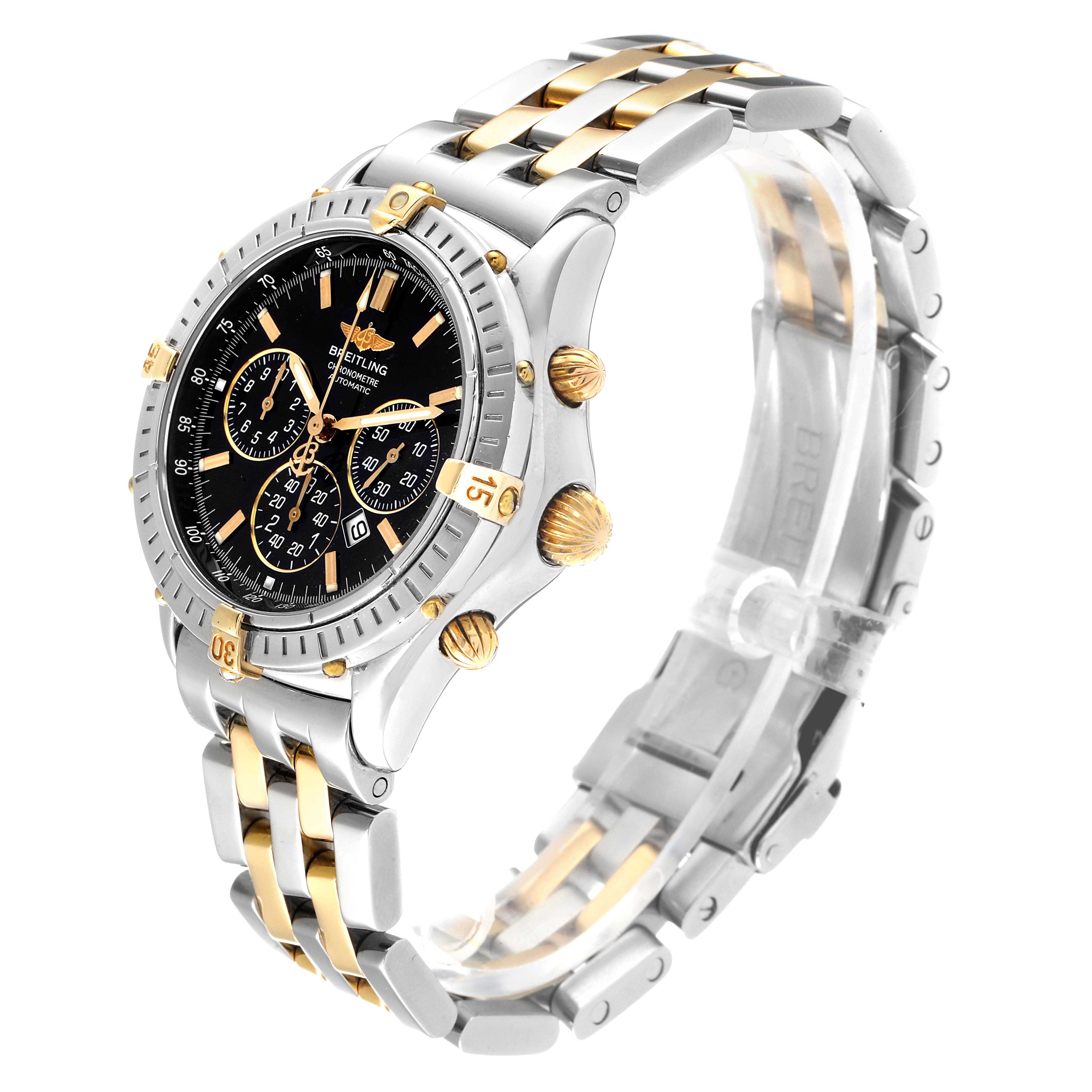 The image shows a Breitling Professional Series B35312 Men's Steel and Gold (two tone) Black Dial B35312 Men's Steel and Gold (two tone) Black Dial watch at an angled side view, capturing its face, bezel, buttons, and bracelet.