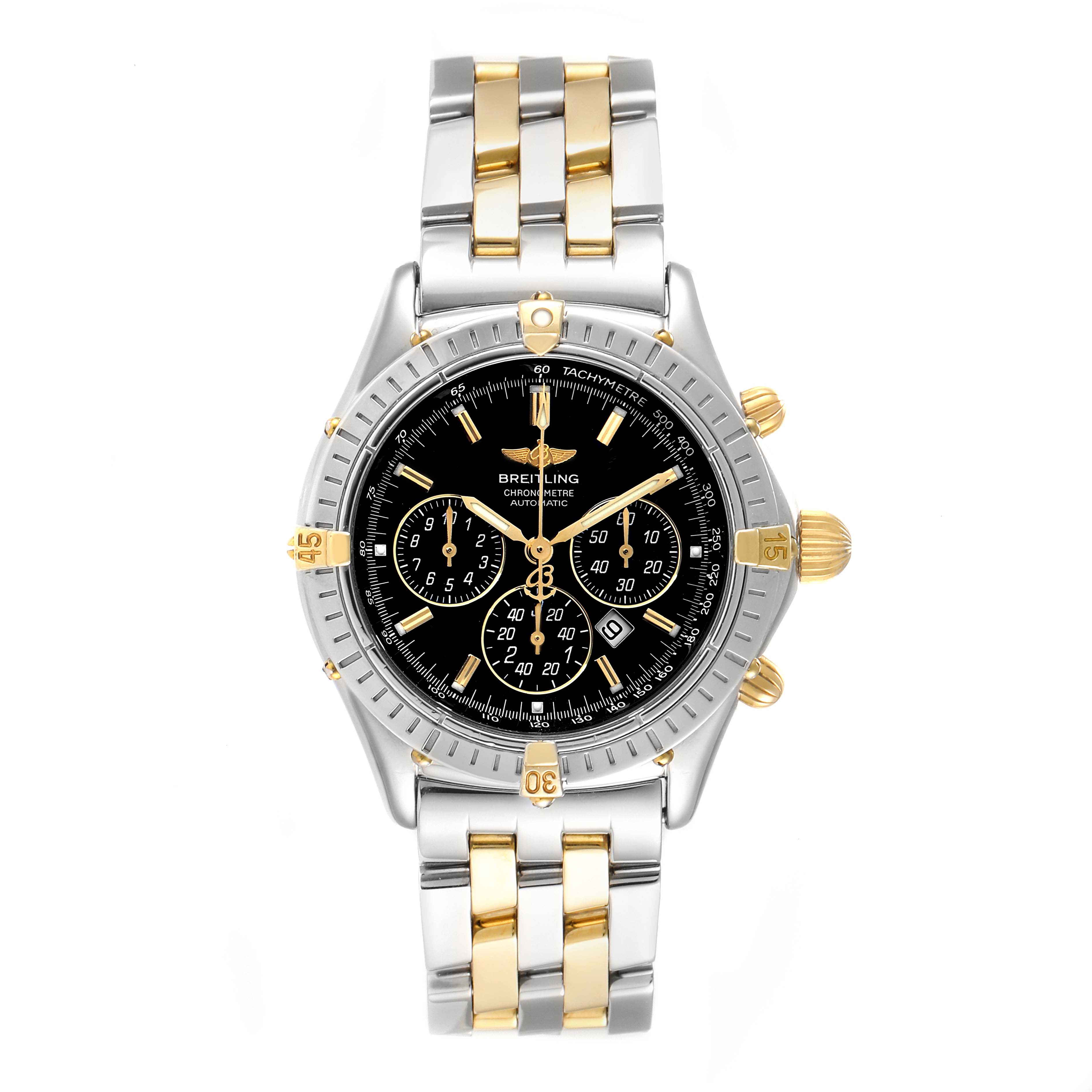 The image shows a Breitling Professional Series B35312 Men's Steel and Gold (two tone) Black Dial B35312 Men's Steel and Gold (two tone) Black Dial watch from a front angle, highlighting its face, bezel, and two-tone bracelet.