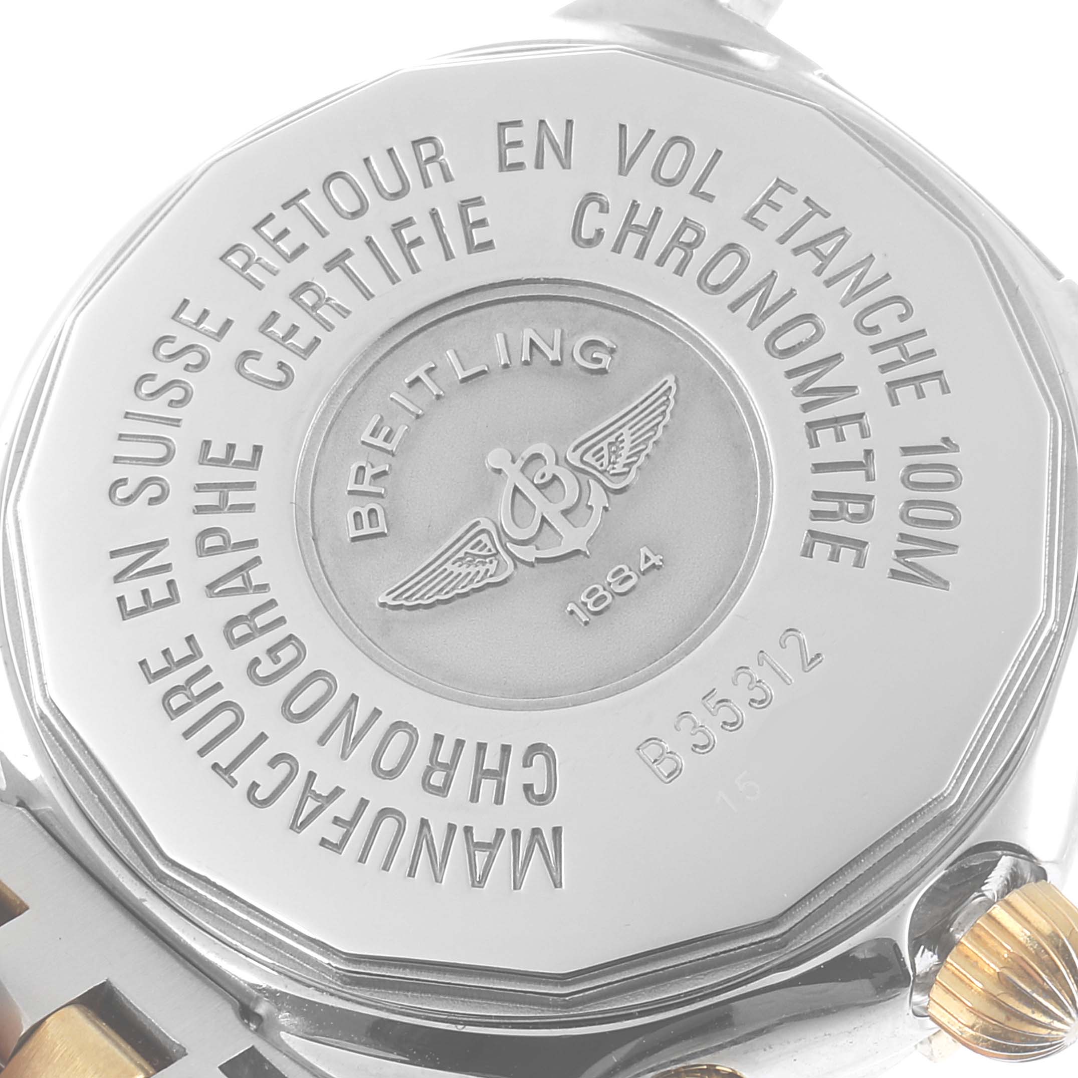 The image shows the back case of the Breitling Professional Series B35312 Men's Steel and Gold (two tone) Black Dial B35312 Men's Steel and Gold (two tone) Black Dial watch, emphasizing its engravings and branding details.