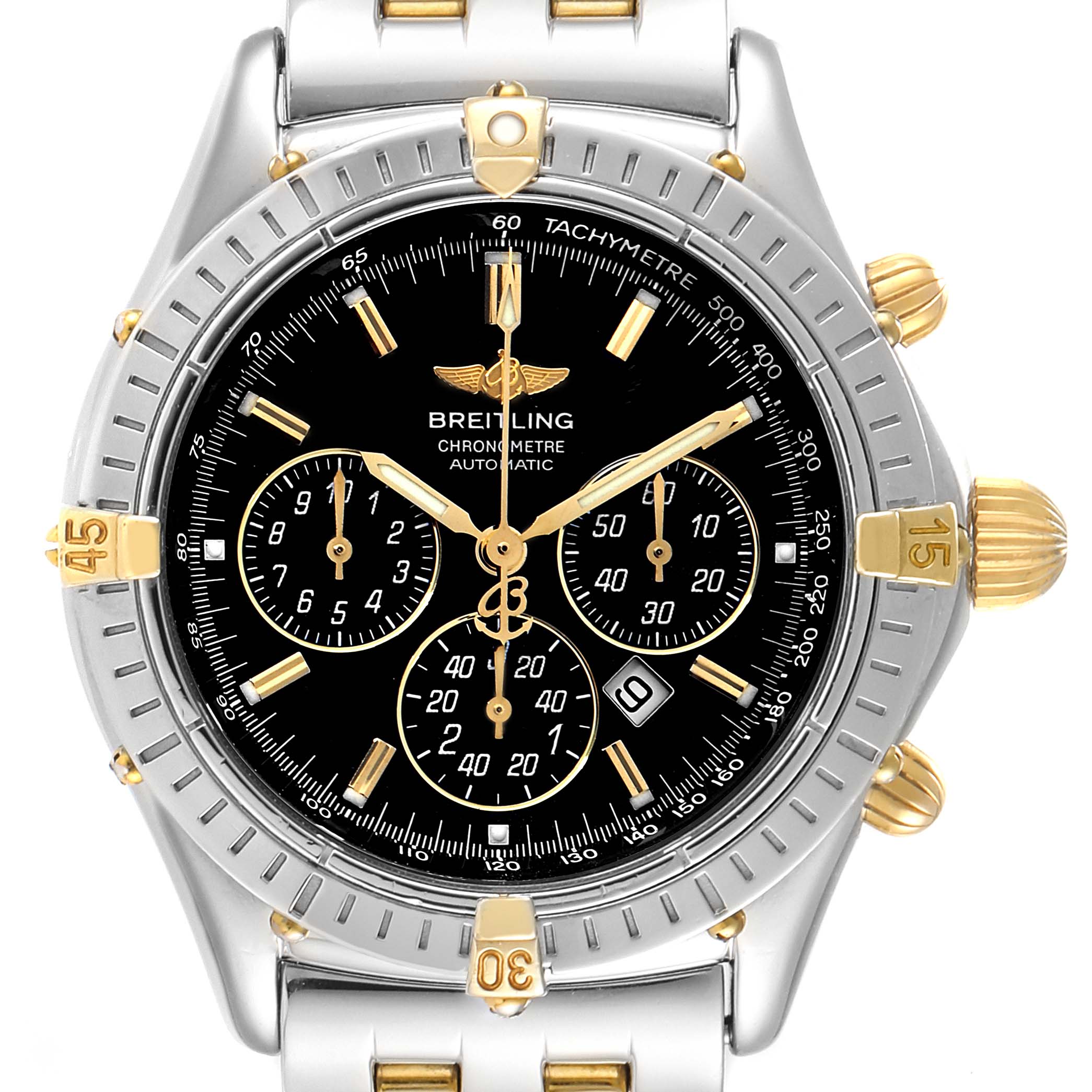 The image shows a front view of a Breitling Professional Series B35312 Men's Steel and Gold (two tone) Black Dial B35312 Men's Steel and Gold (two tone) Black Dial watch displaying its face, bezel, crown, and chronograph buttons.