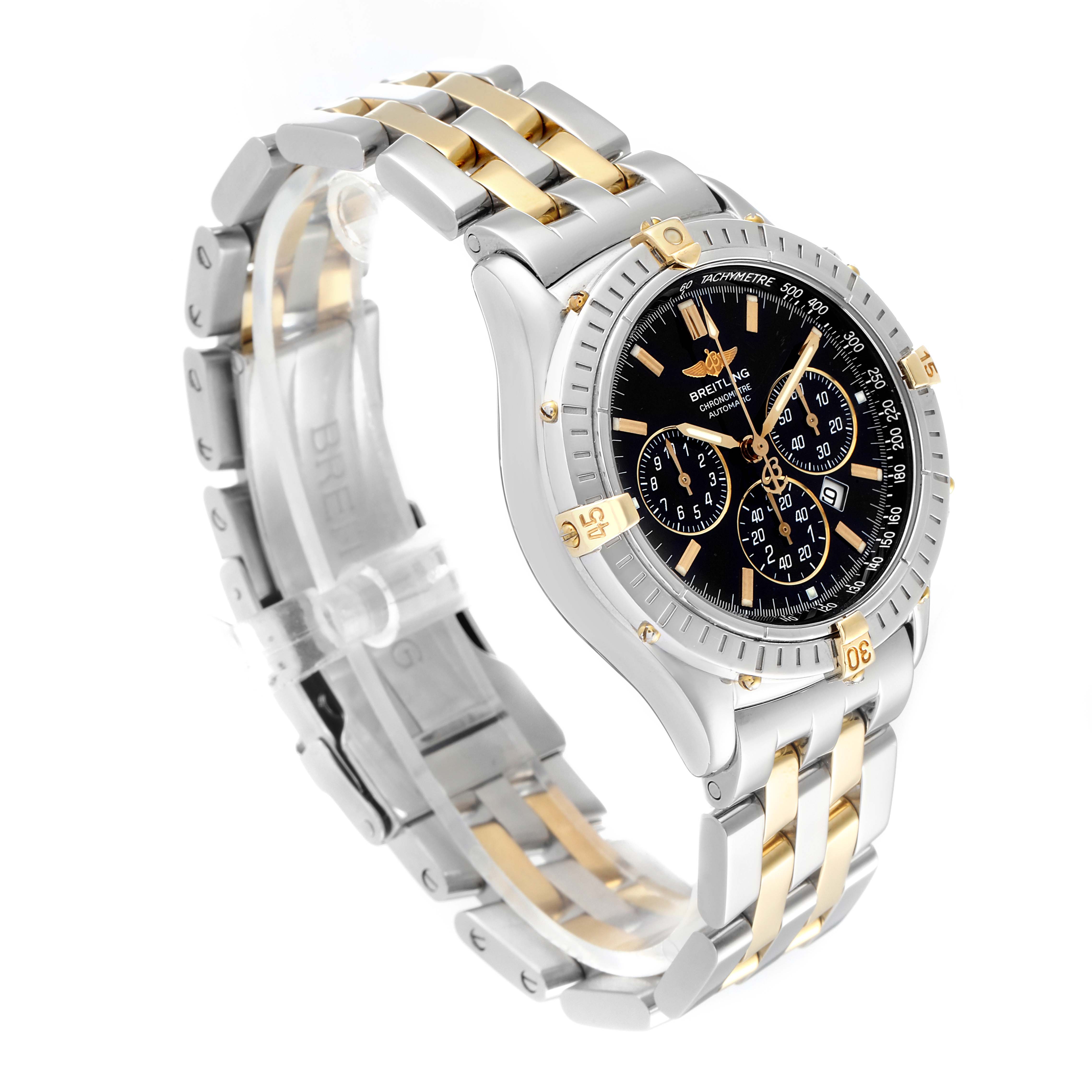 The Breitling Professional Series B35312 Men's Steel and Gold (two tone) Black Dial B35312 Men's Steel and Gold (two tone) Black Dial watch is shown at a slight angle, showcasing its two-tone bracelet, black dial, and chronograph subdials.