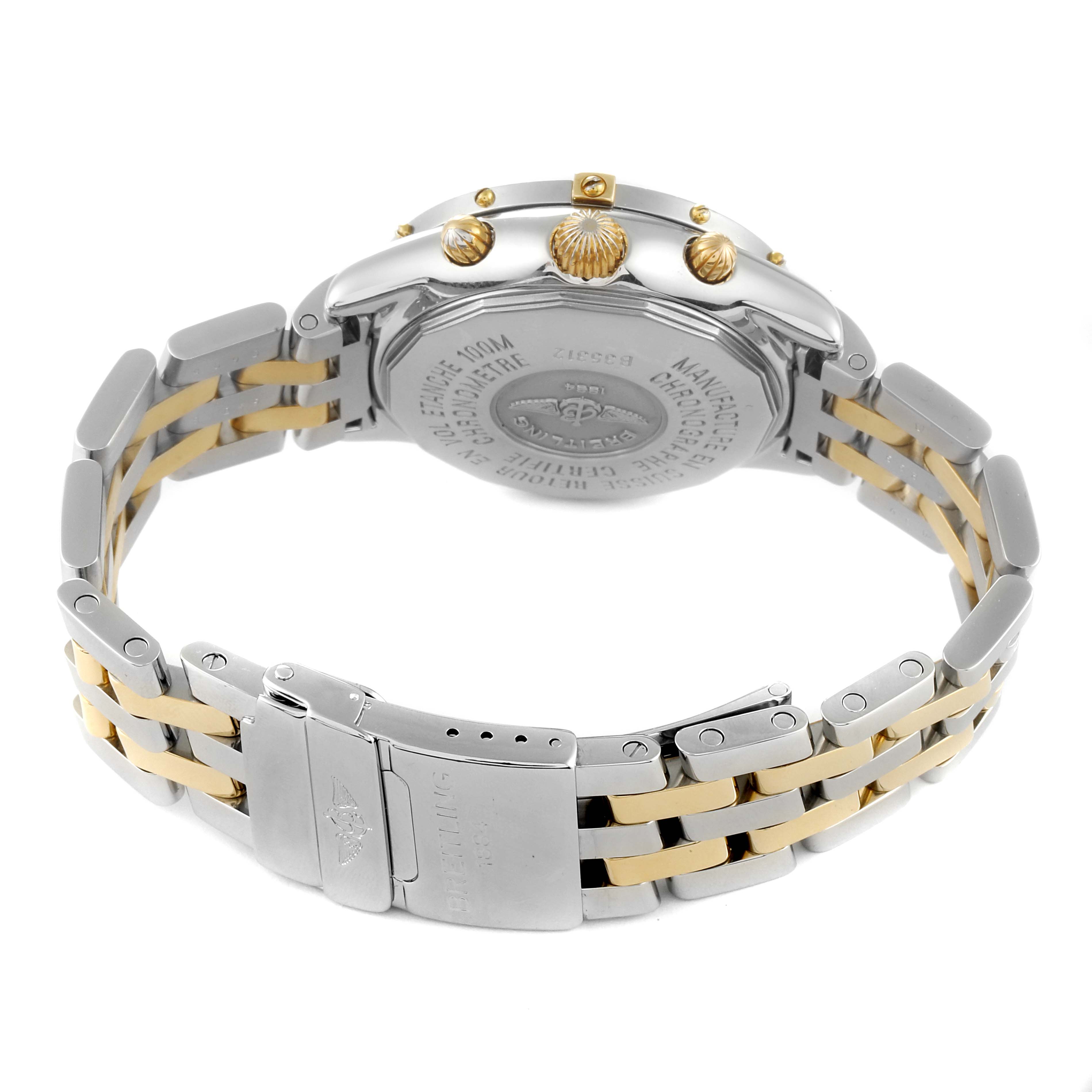 The image shows the back view of a Breitling Professional Series B35312 Men's Steel and Gold (two tone) Black Dial B35312 Men's Steel and Gold (two tone) Black Dial watch, highlighting its clasp, bracelet, and case back.