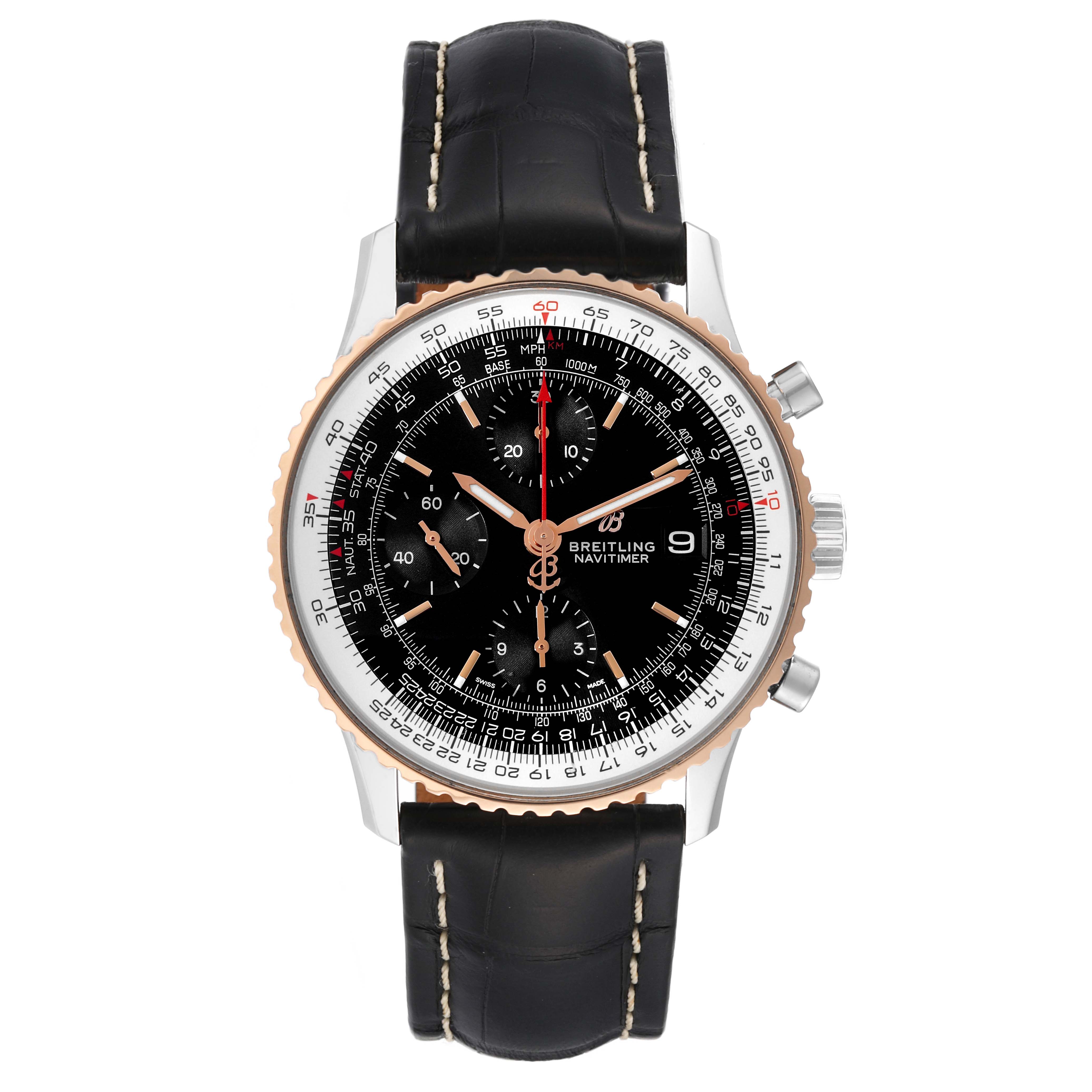 The image shows a frontal view of the Breitling Navitimer U13324 Men
s Steel and Gold (two tone) Black Dial U13324 Men
s Steel and Gold (two tone) Black Dial watch, displaying the face, bezel, and black leather strap.