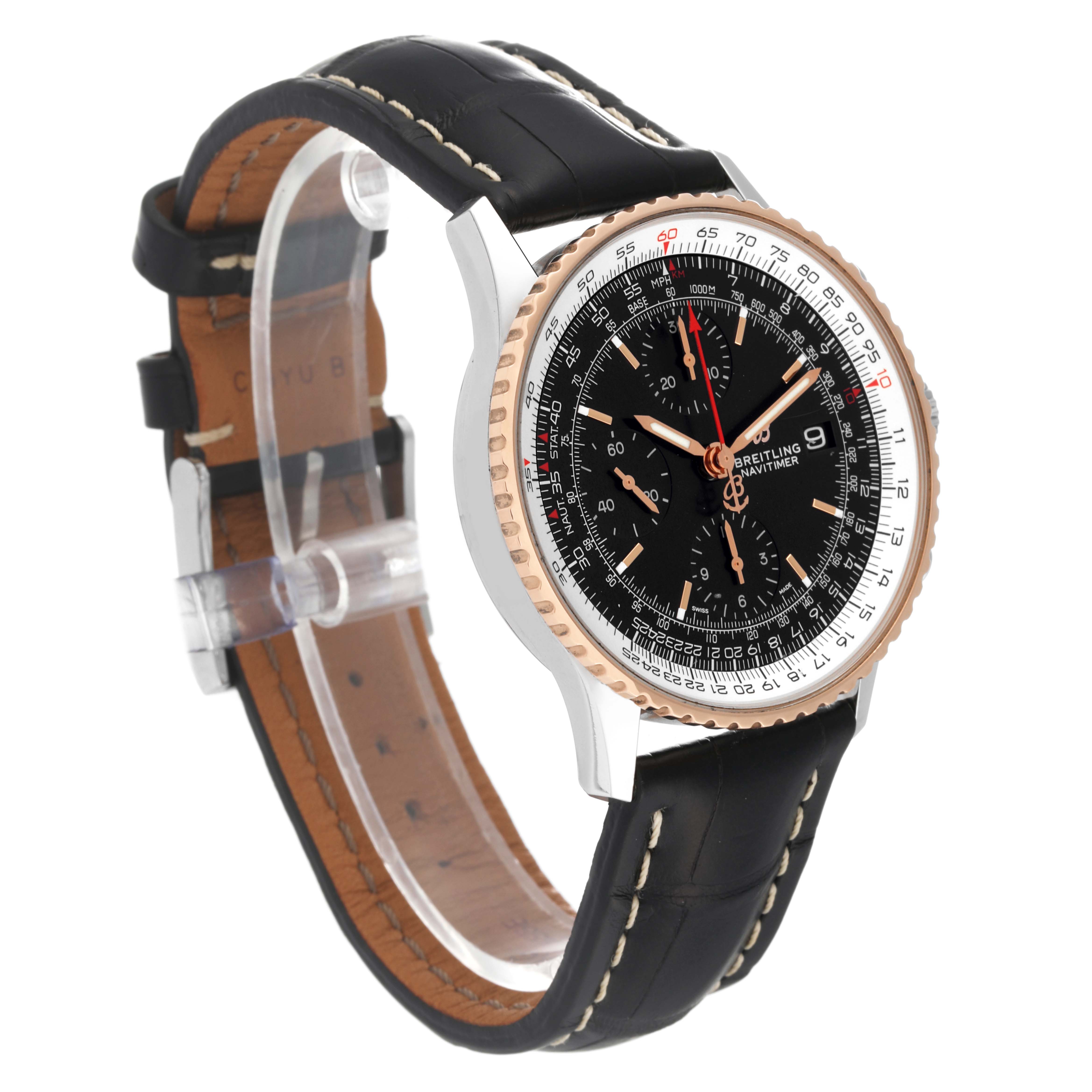 The Breitling Navitimer U13324 Men
s Steel and Gold (two tone) Black Dial U13324 Men
s Steel and Gold (two tone) Black Dial watch is shown from an angle displaying the face, bezel, and black leather strap with white stitching.