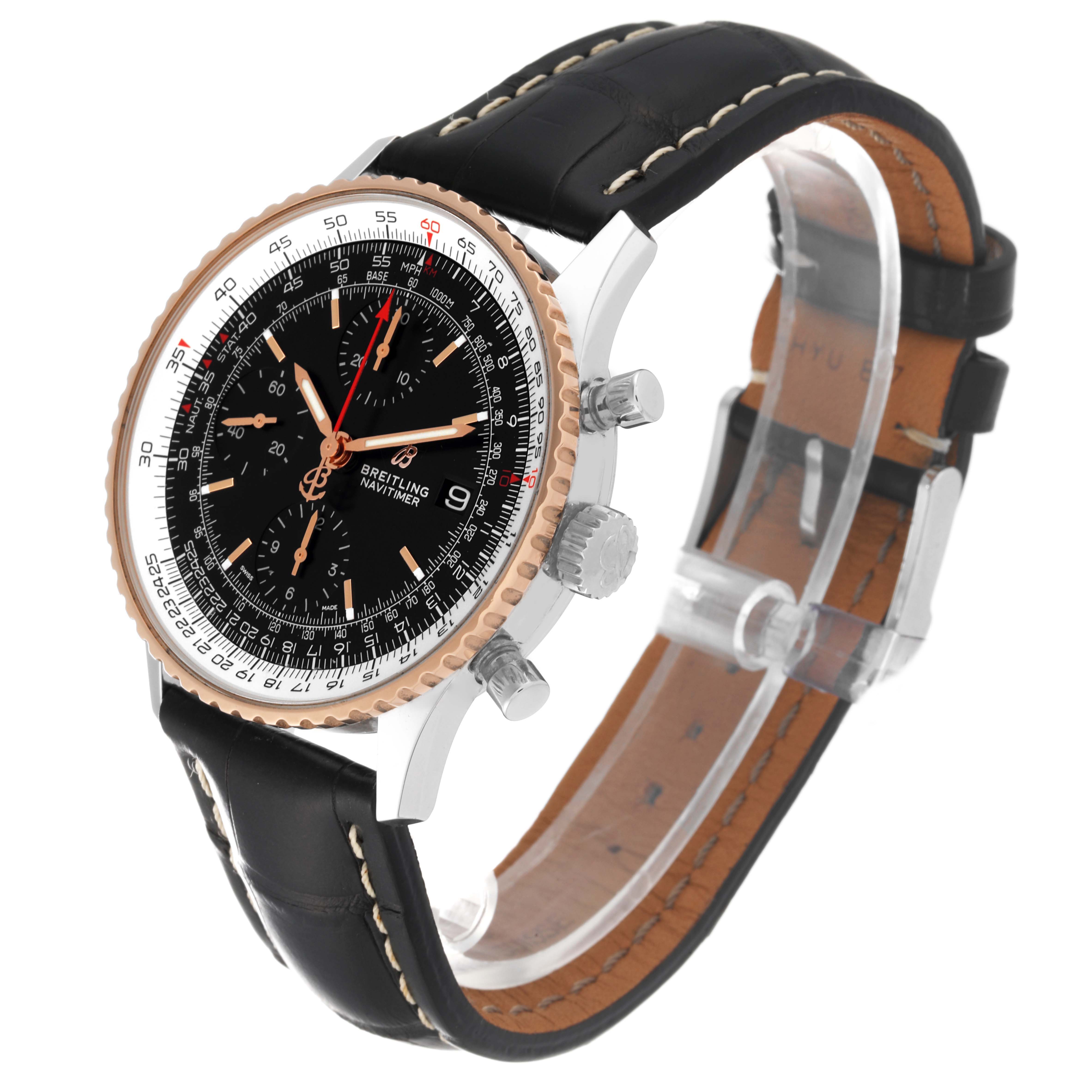 The Breitling Navitimer U13324 Men
s Steel and Gold (two tone) Black Dial U13324 Men
s Steel and Gold (two tone) Black Dial watch is shown at an angle displaying the dial, bezel, crown, and black leather strap with stitching.