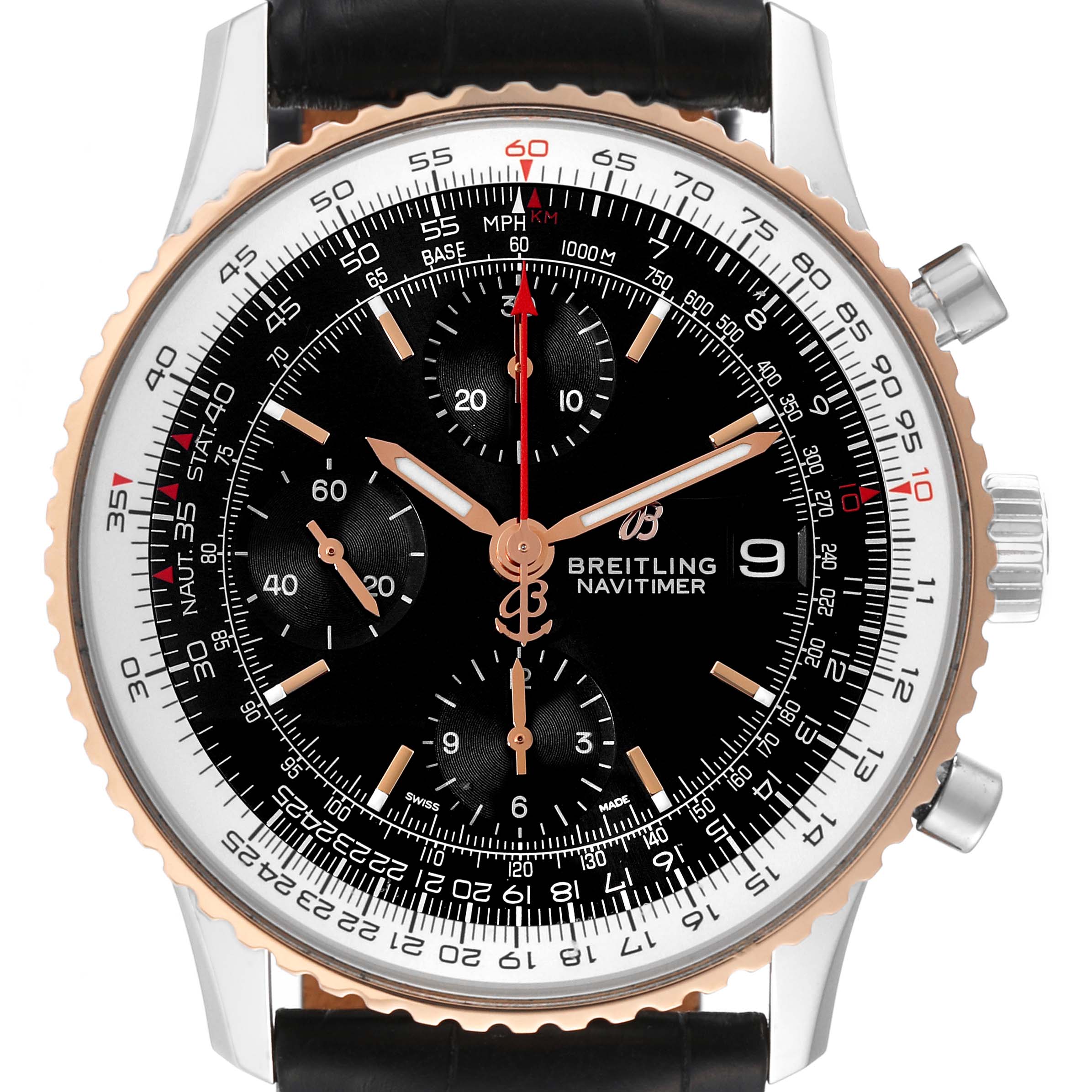 The image shows a front view of the Breitling Navitimer U13324 Men
s Steel and Gold (two tone) Black Dial U13324 Men
s Steel and Gold (two tone) Black Dial watch, highlighting the dial, bezel, crown, and leather strap.