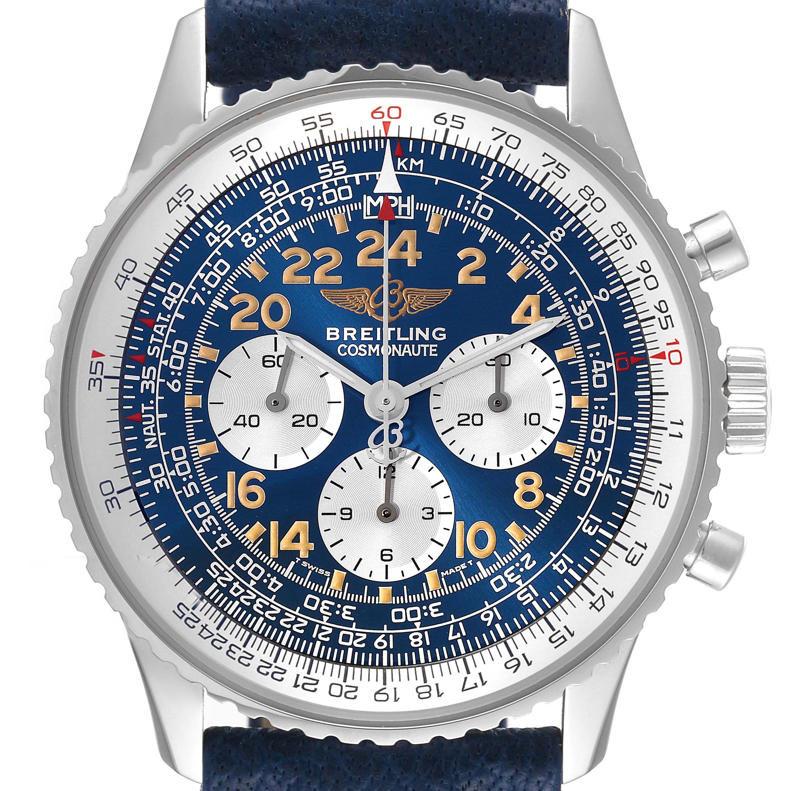 The image shows a close-up front view of a Breitling Navitimer A12322 Men's Stainless Steel Blue Dial A12322 Men's Stainless Steel Blue Dial Cosmonaut watch, highlighting the dial, bezel, and push buttons.