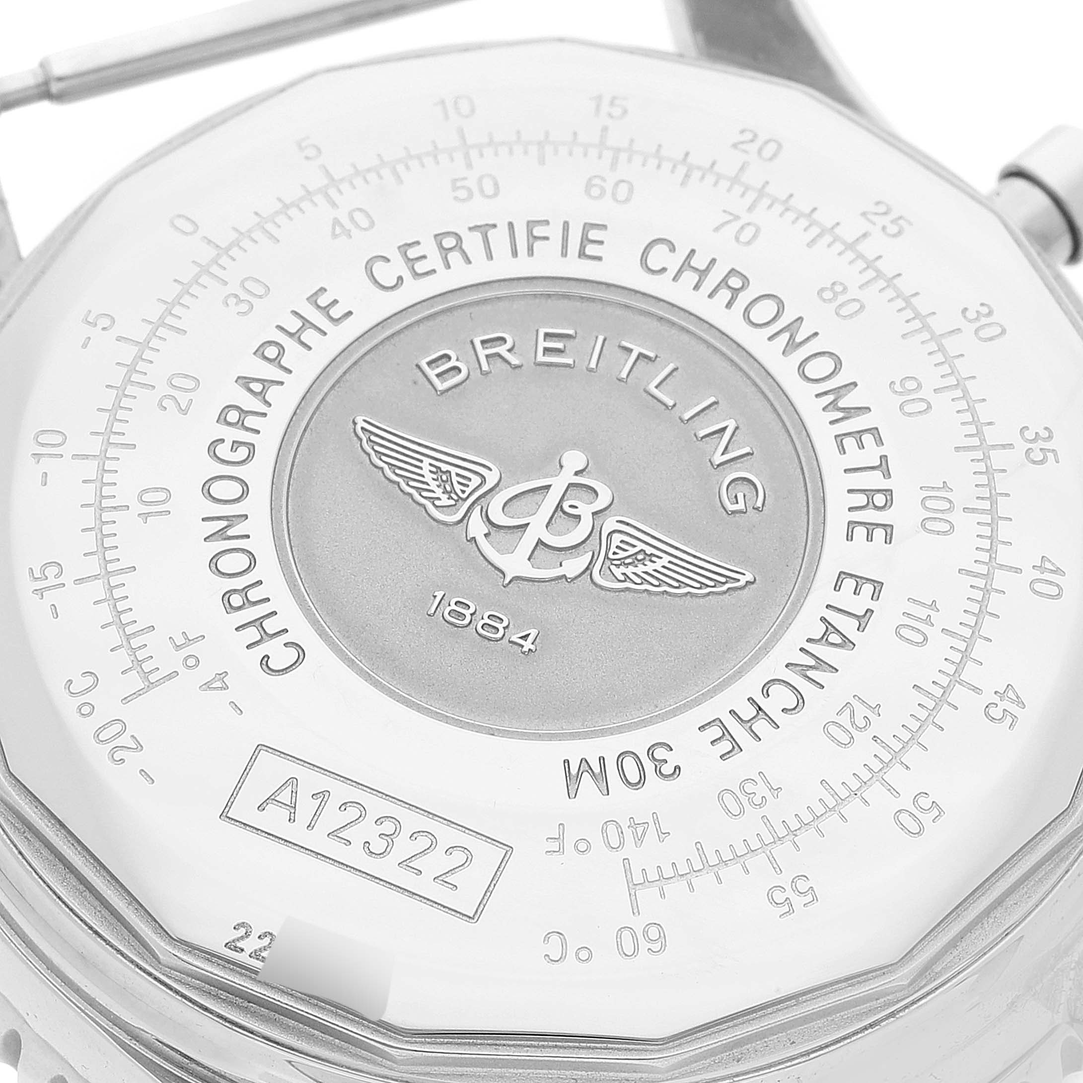 This is a close-up of the case back of a Breitling Navitimer A12322 Men's Stainless Steel Blue Dial A12322 Men's Stainless Steel Blue Dial, displaying the brand’s logo, certification details, and model number A12322.