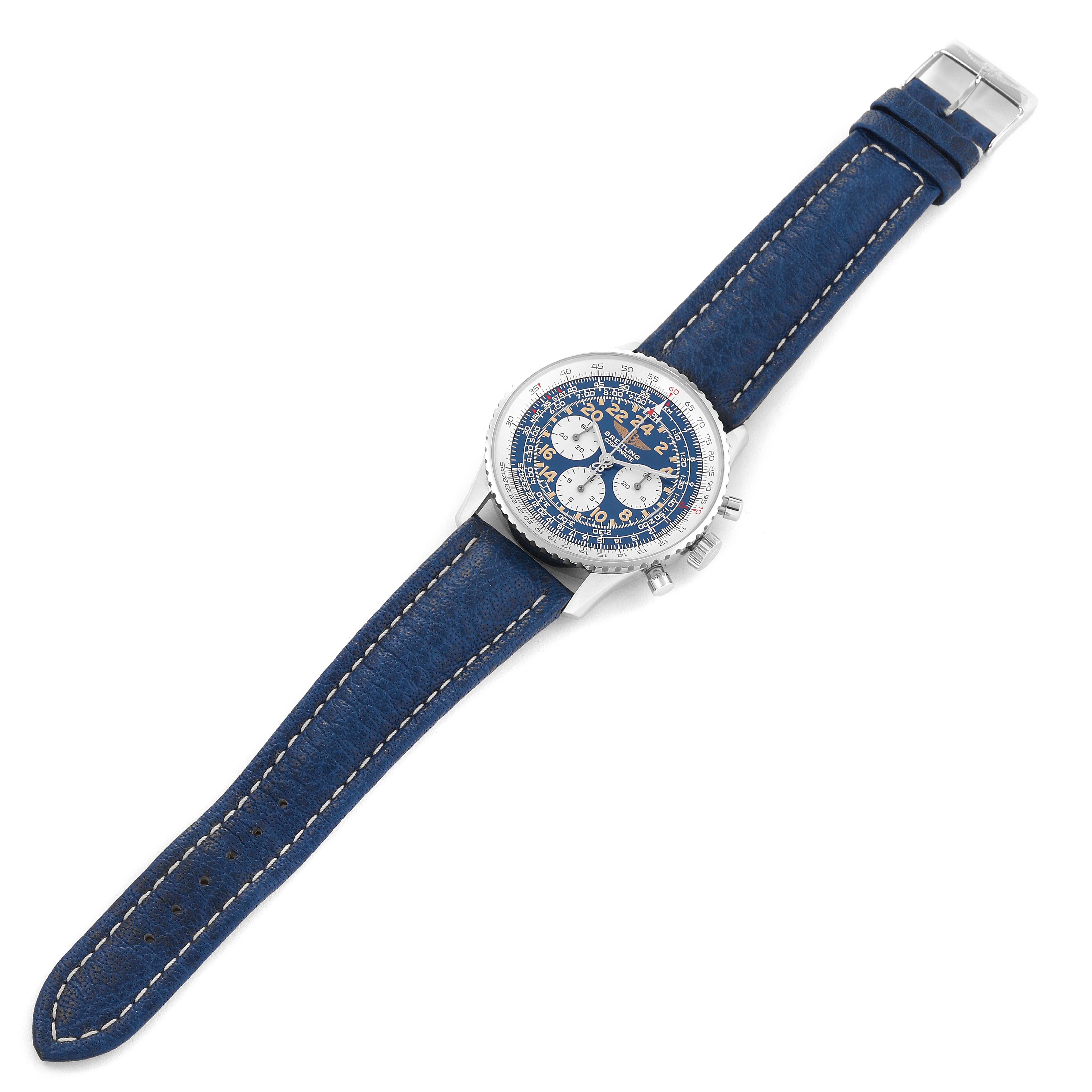 This image shows a top view of a Breitling Navitimer A12322 Men's Stainless Steel Blue Dial A12322 Men's Stainless Steel Blue Dial watch with a blue strap and detailed dial.