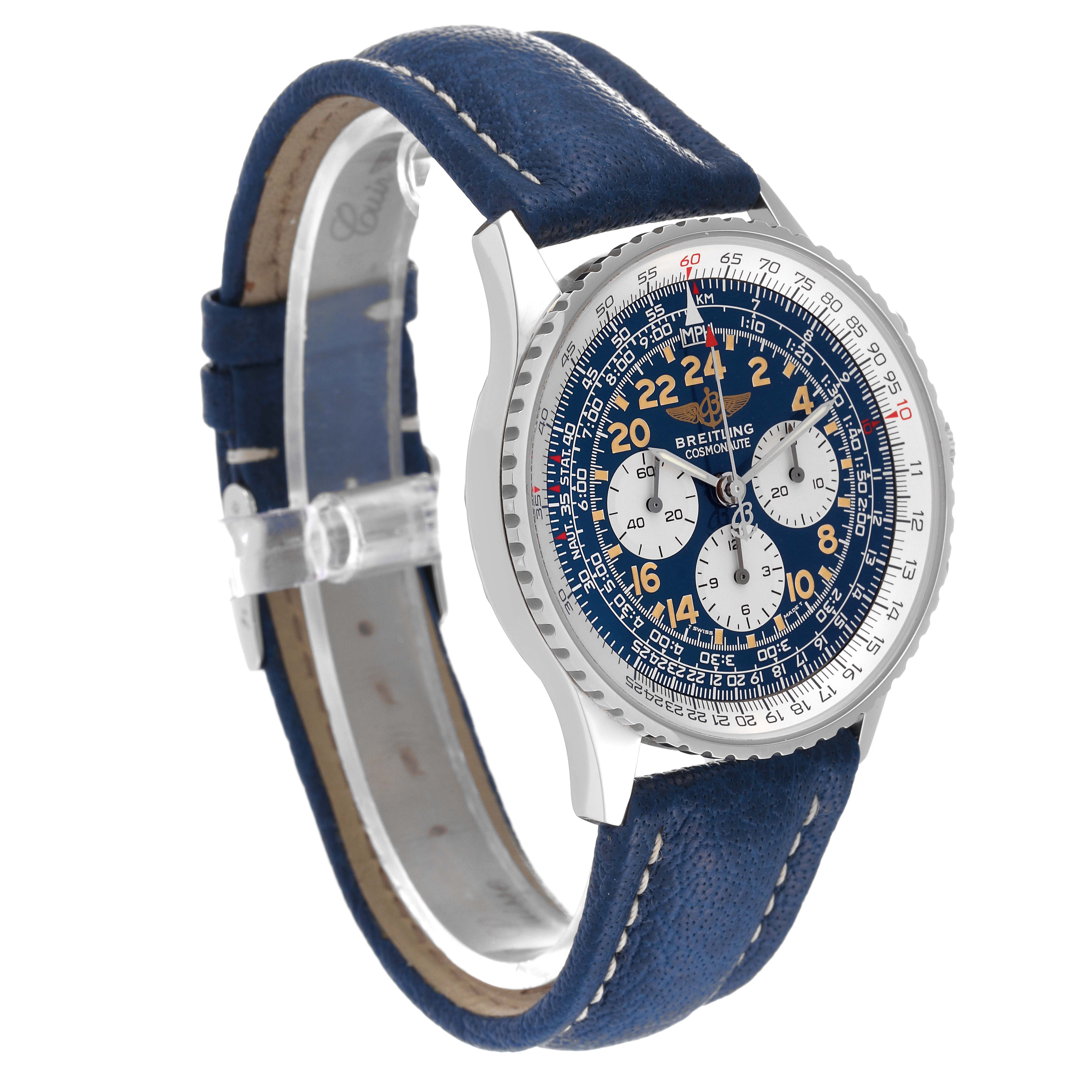 The image shows a Breitling Navitimer A12322 Men's Stainless Steel Blue Dial A12322 Men's Stainless Steel Blue Dial watch at a slight angle, displaying its blue dial, chronograph, bezel, and blue leather strap.