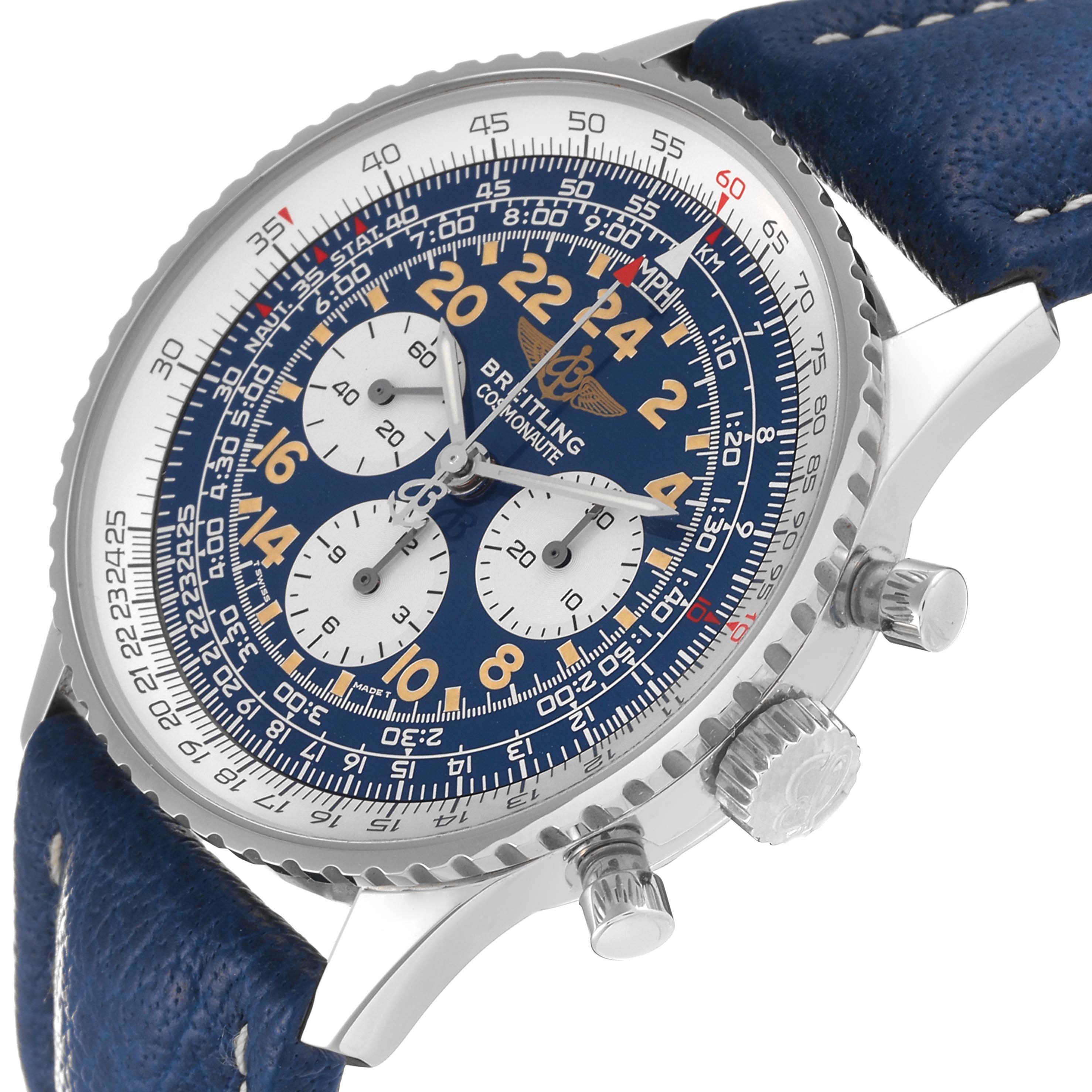 This image shows a close-up, angled view of the dial and part of the strap of a Breitling Navitimer A12322 Men's Stainless Steel Blue Dial A12322 Men's Stainless Steel Blue Dial watch.