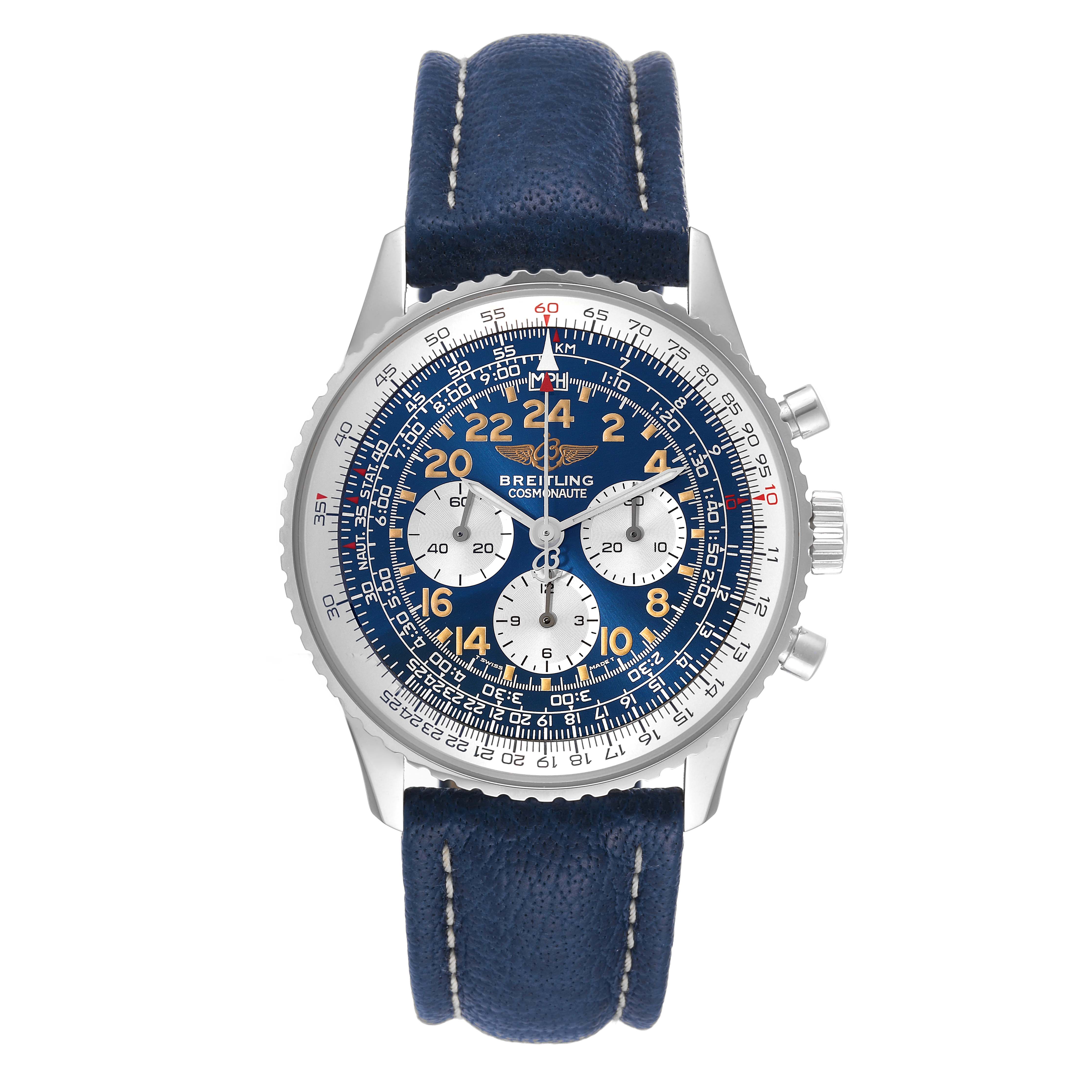 The image shows a Breitling Navitimer A12322 Men's Stainless Steel Blue Dial A12322 Men's Stainless Steel Blue Dial watch from a front angle, displaying the face, bezel, and leather strap.