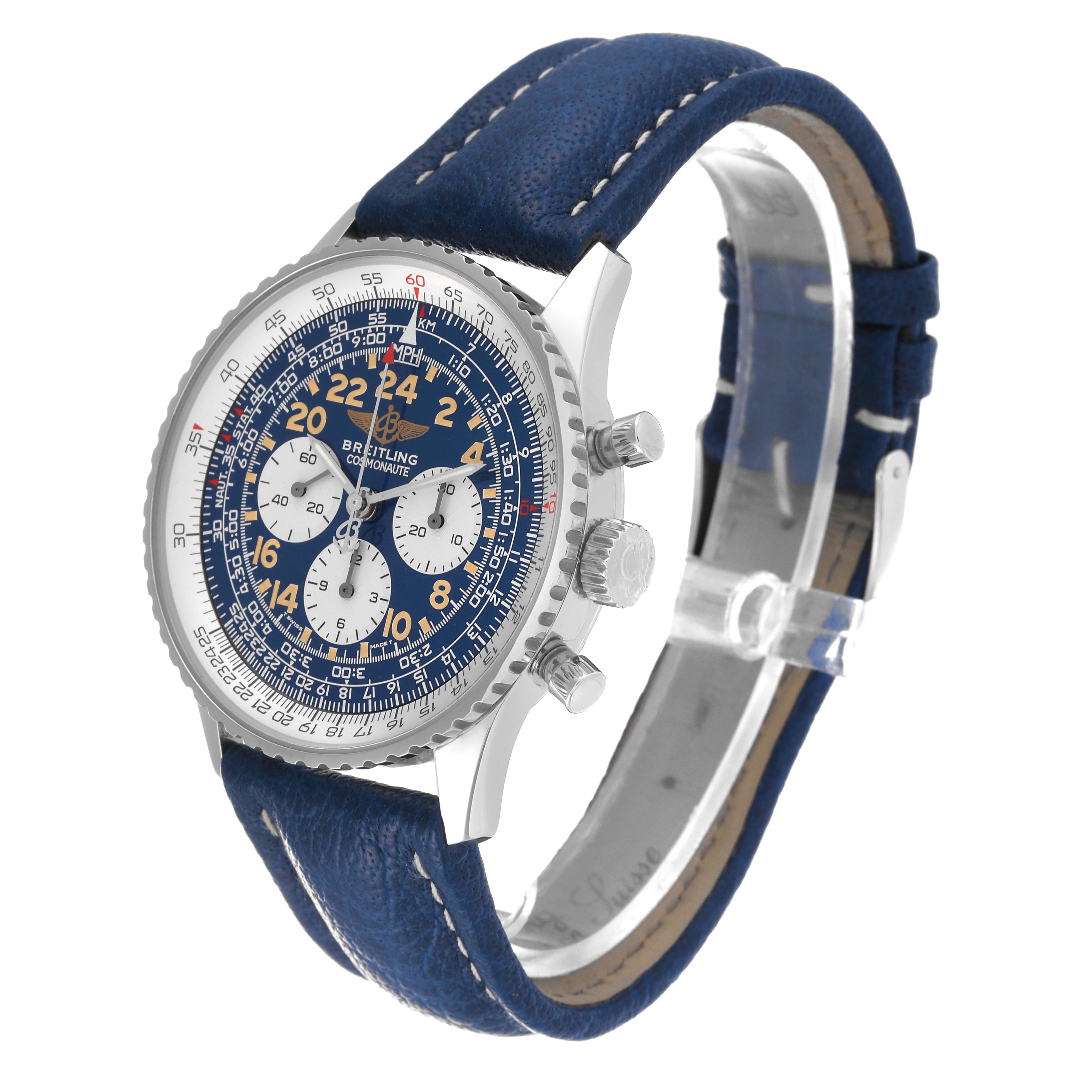 The Breitling Navitimer A12322 Men's Stainless Steel Blue Dial A12322 Men's Stainless Steel Blue Dial watch is shown at an angled side view, displaying its face, bezel, pushers, crown, and blue leather strap.