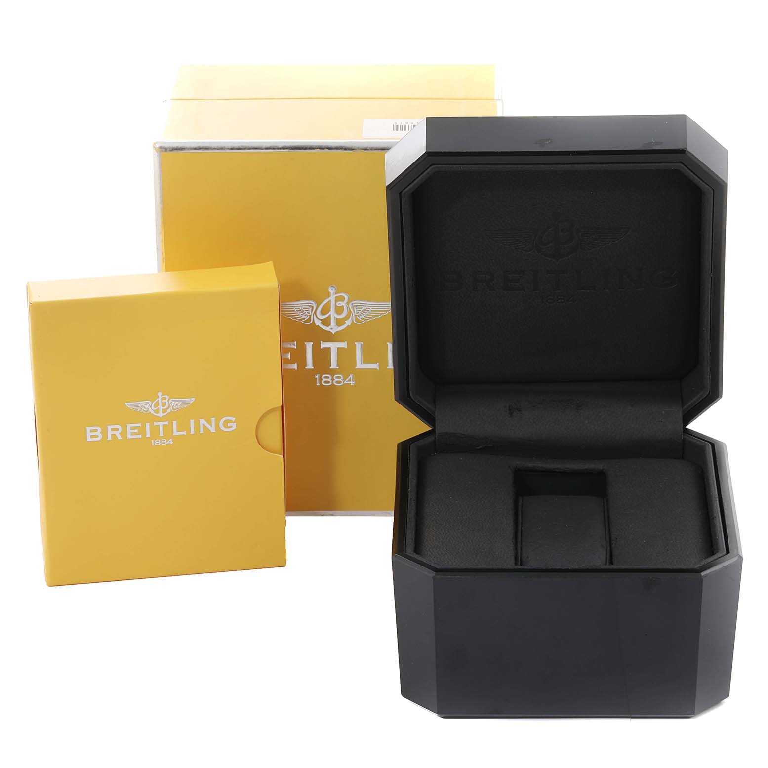 The image shows the opened black box and yellow packaging box of the Breitling Navitimer A12322 Men's Stainless Steel Blue Dial A12322 Men's Stainless Steel Blue Dial watch.