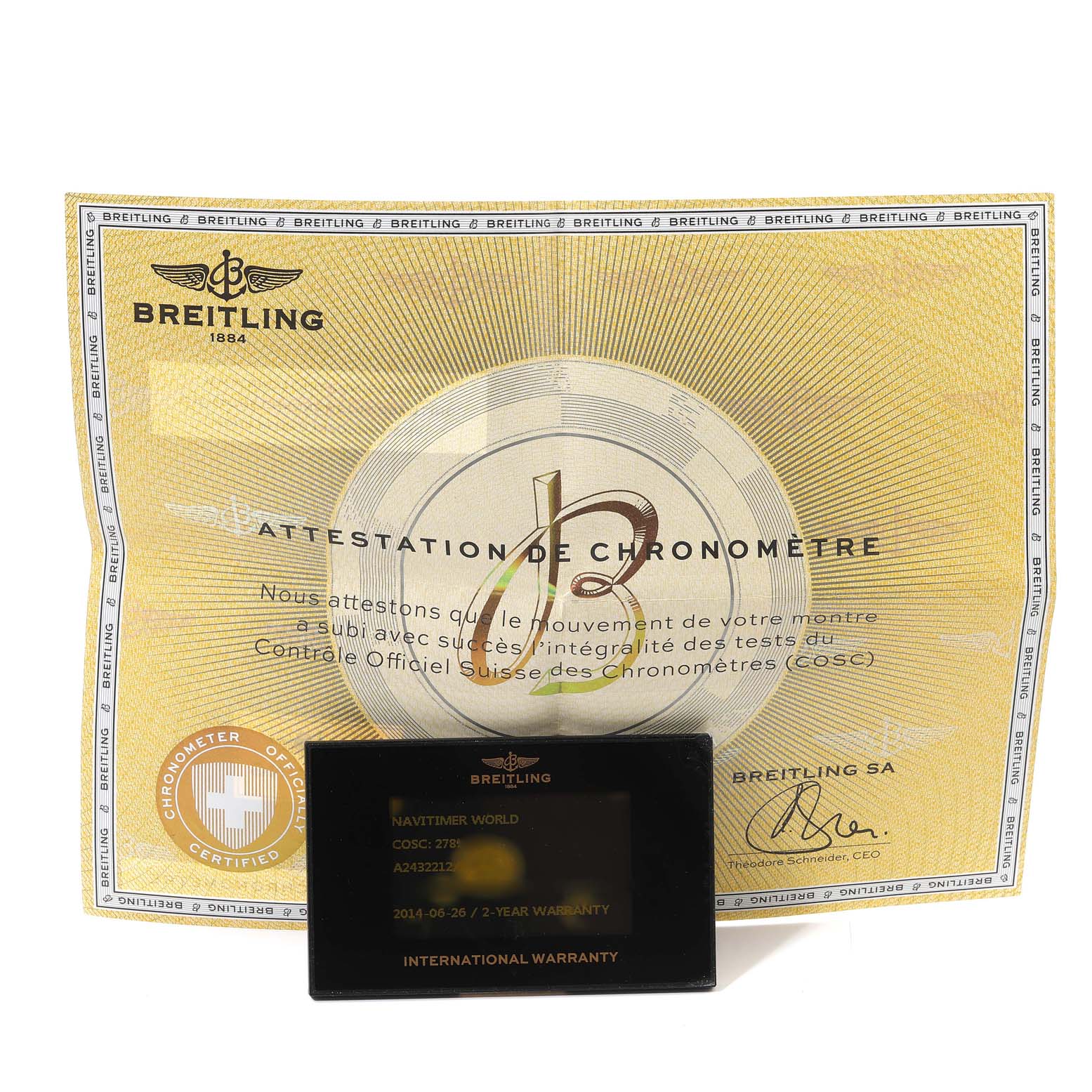 The image shows the certification and warranty paperwork for a Breitling Navitimer A24322 Men's Stainless Steel Black Dial A24322 Men's Stainless Steel Black Dial World model watch.