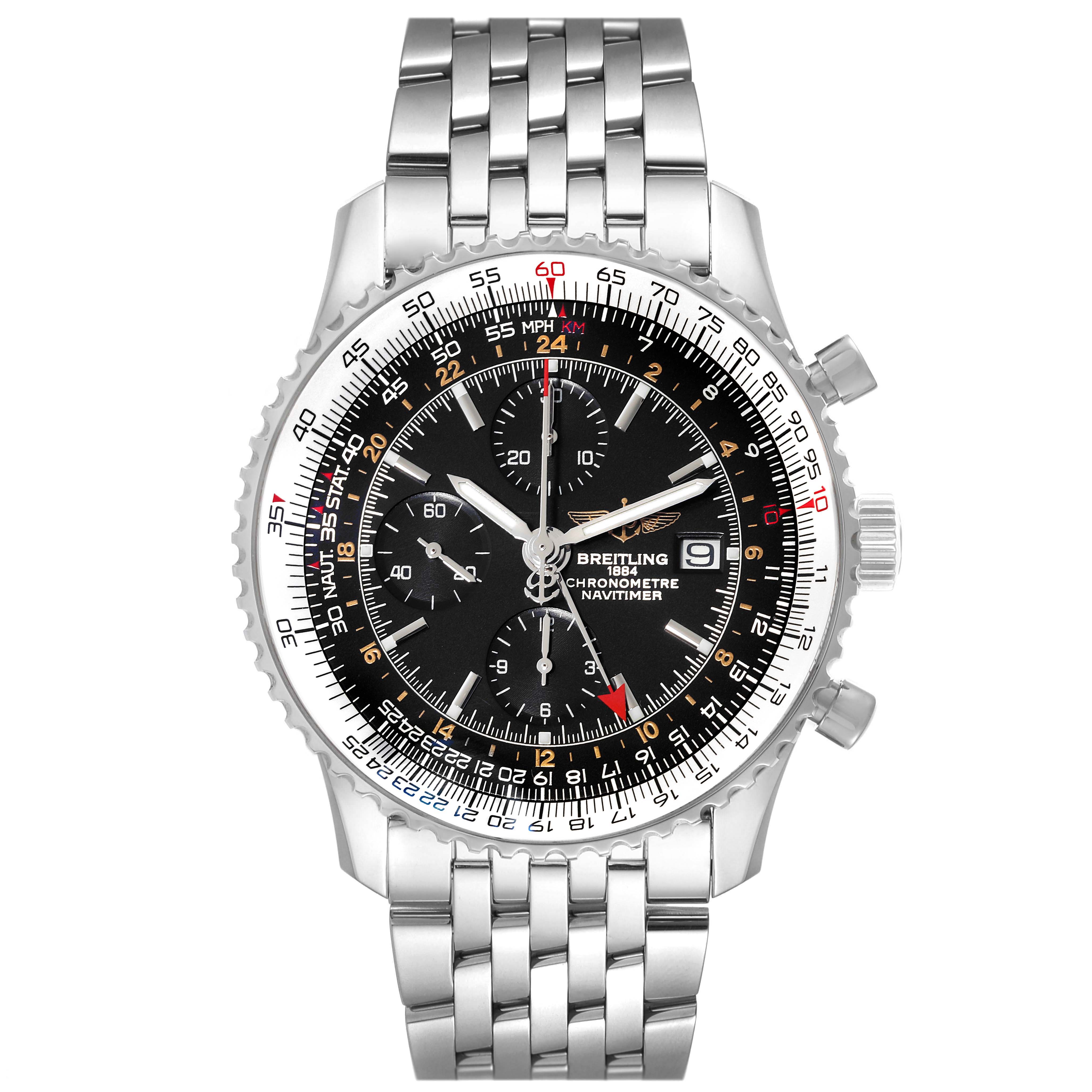 This image shows a front view of the Breitling Navitimer A24322 Men's Stainless Steel Black Dial A24322 Men's Stainless Steel Black Dial watch, displaying its dial, bezel, pushers, and bracelet.
