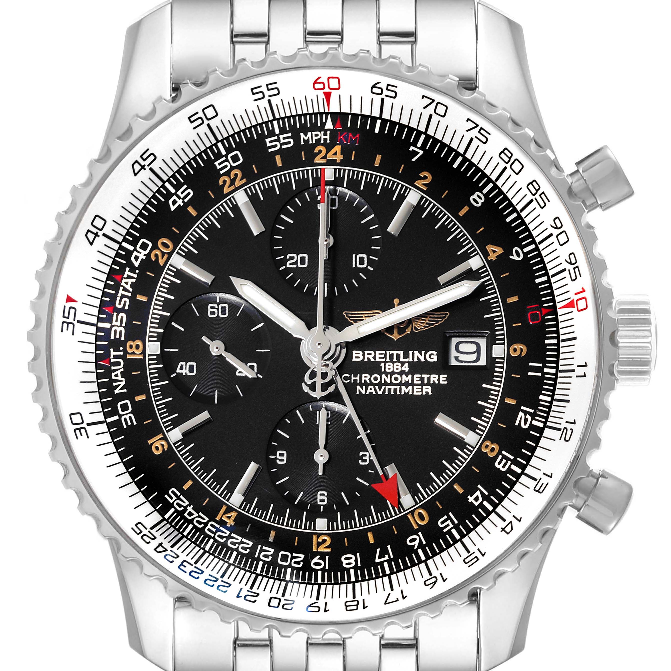 The Breitling Navitimer A24322 Men's Stainless Steel Black Dial A24322 Men's Stainless Steel Black Dial watch is shown from a front angle, displaying its bezel, dial, chronograph sub-dials, and a portion of the band.