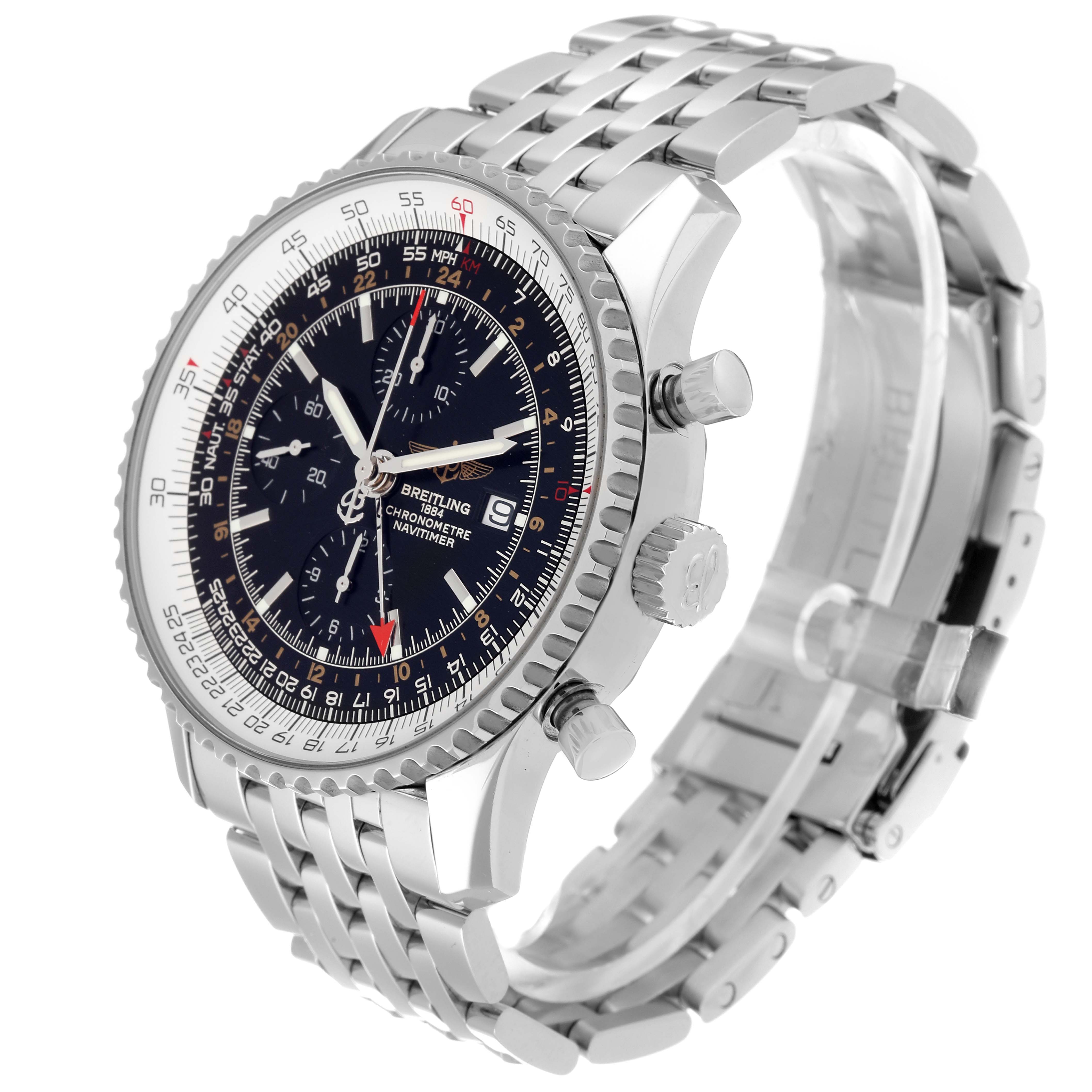 The image shows a side view of a Breitling Navitimer A24322 Men's Stainless Steel Black Dial A24322 Men's Stainless Steel Black Dial watch, displaying its face, bezel, crown, and metal bracelet.