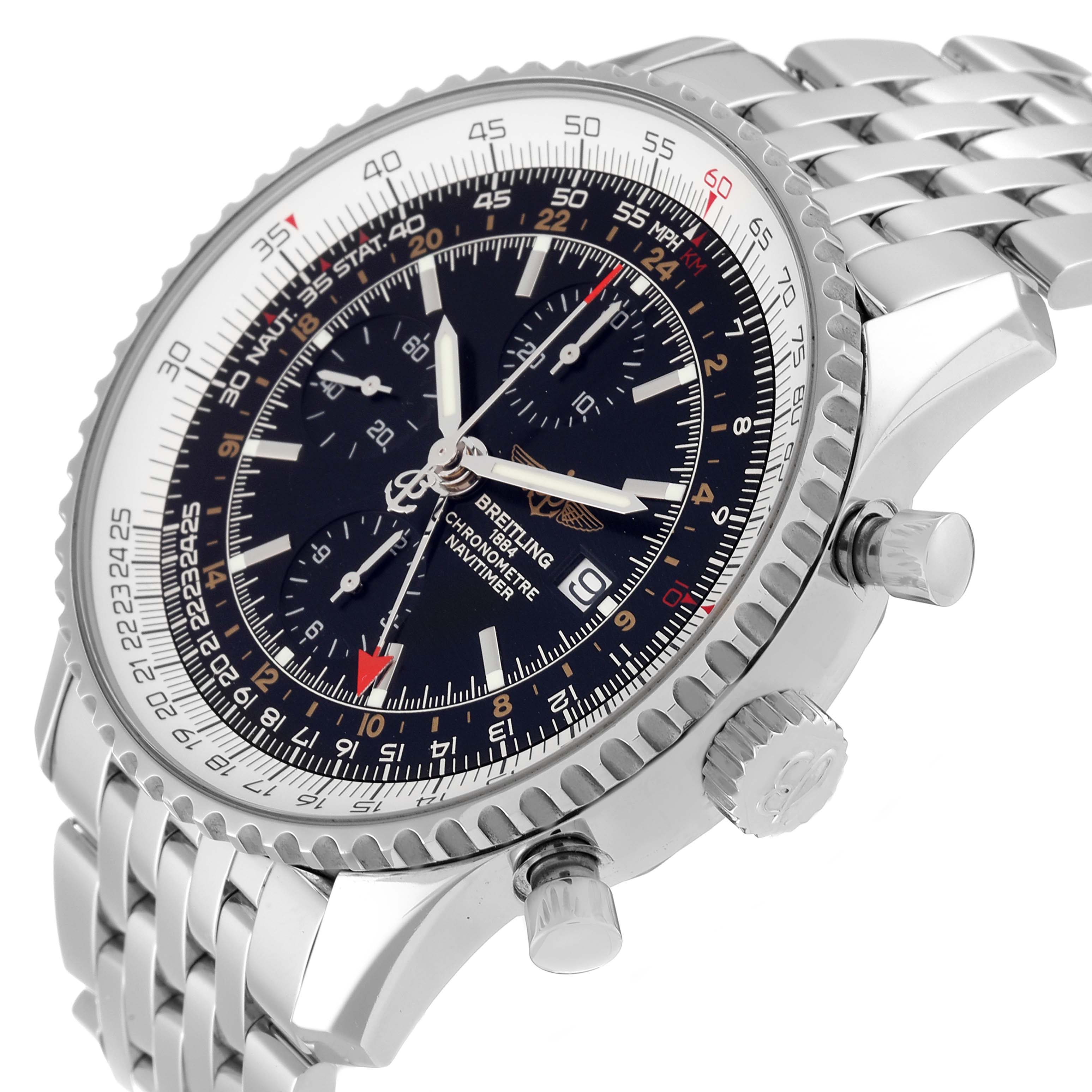 The image shows a close-up angled view of the face and band of a Breitling Navitimer A24322 Men's Stainless Steel Black Dial A24322 Men's Stainless Steel Black Dial watch.