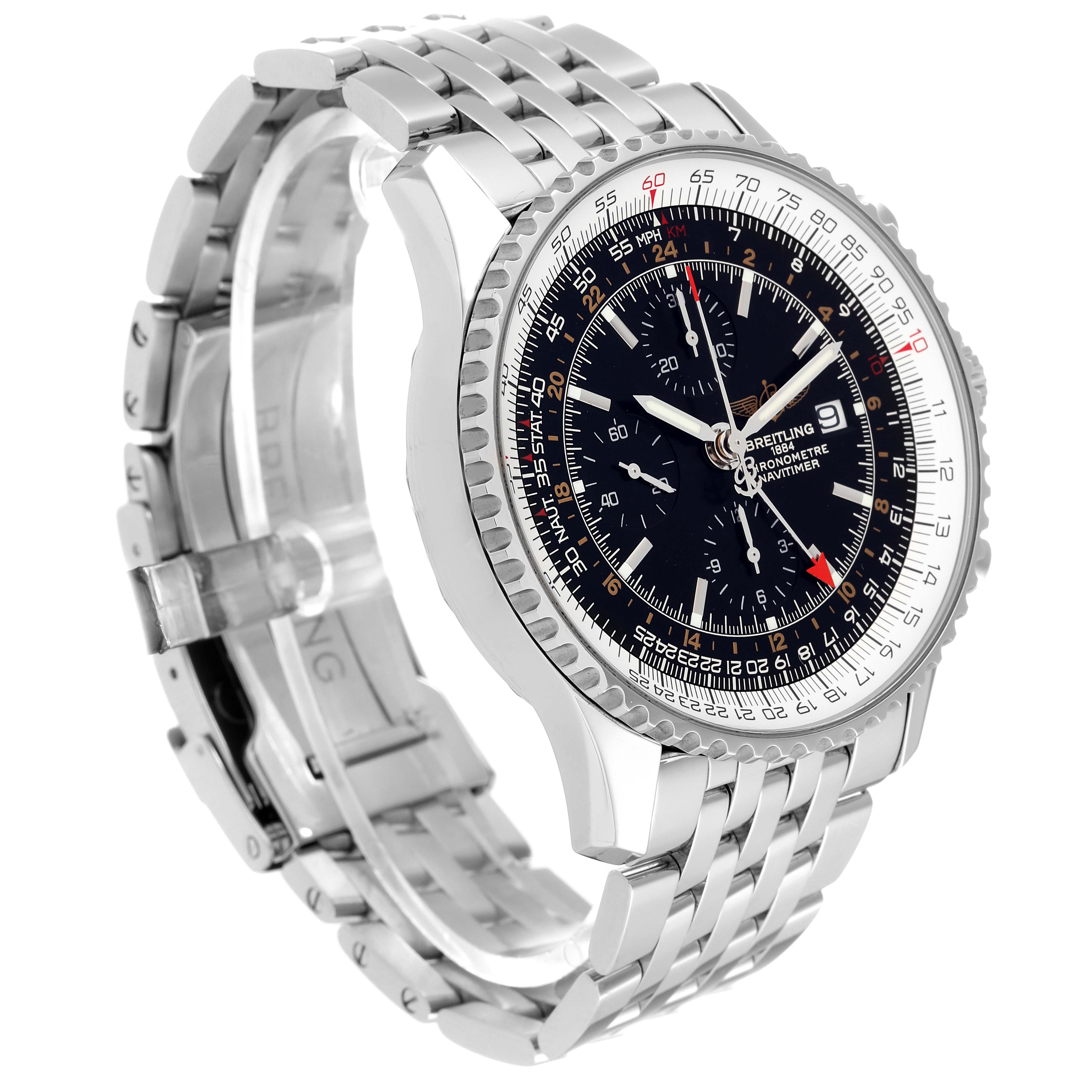 This image shows a side view of a Breitling Navitimer A24322 Men's Stainless Steel Black Dial A24322 Men's Stainless Steel Black Dial watch, featuring its face, bezel, and metallic bracelet.