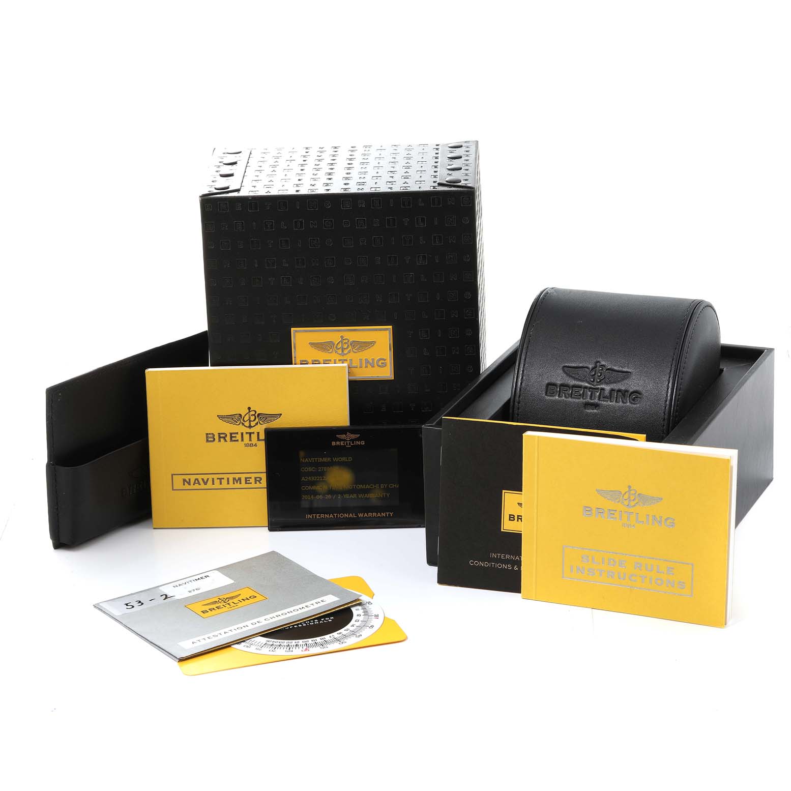 This image shows the packaging and accessories of a Breitling Navitimer A24322 Men's Stainless Steel Black Dial A24322 Men's Stainless Steel Black Dial watch, including boxes, manuals, and warranty cards.