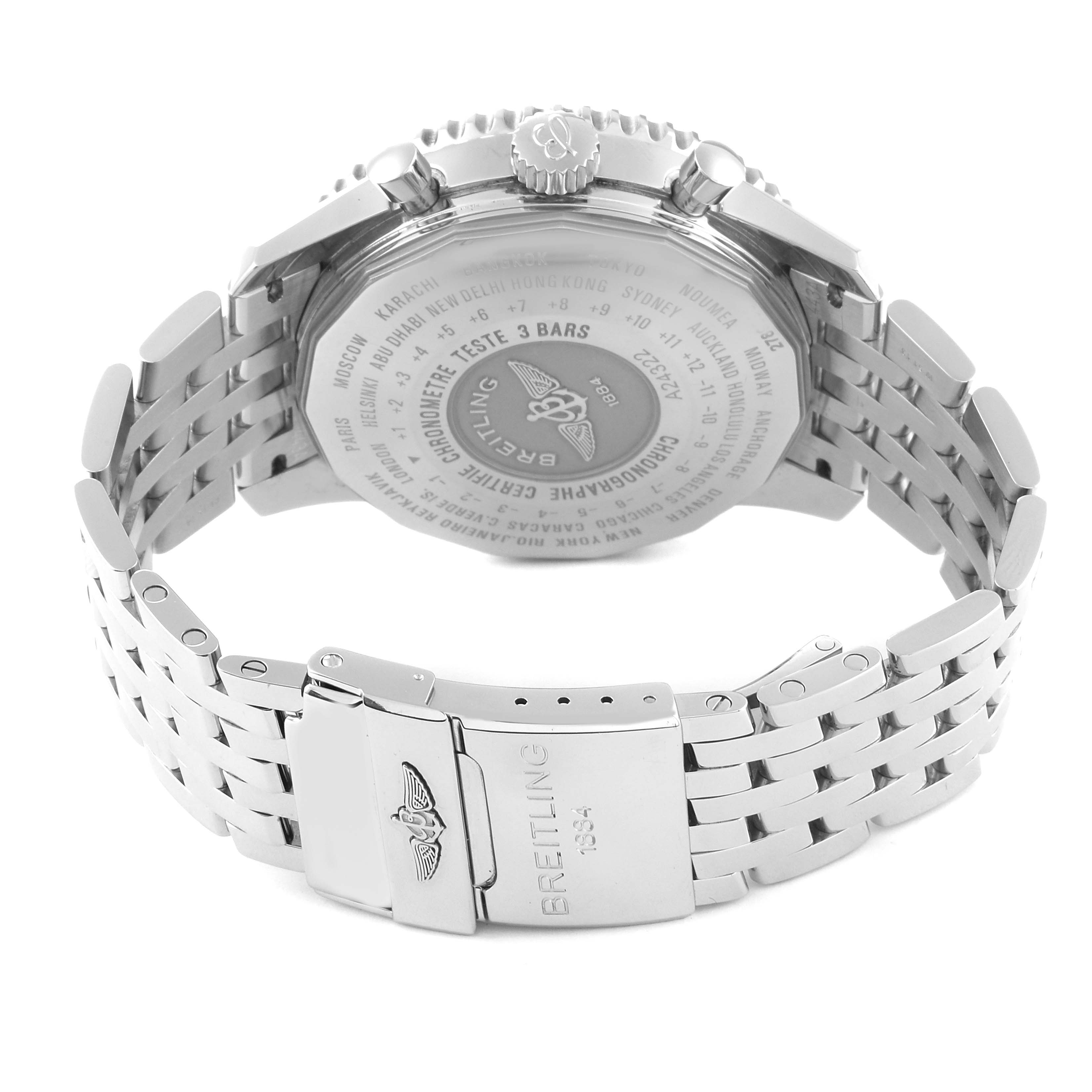 This is a Breitling Navitimer A24322 Men's Stainless Steel Black Dial A24322 Men's Stainless Steel Black Dial watch shown from the rear, displaying the case back and metal bracelet with the clasp.