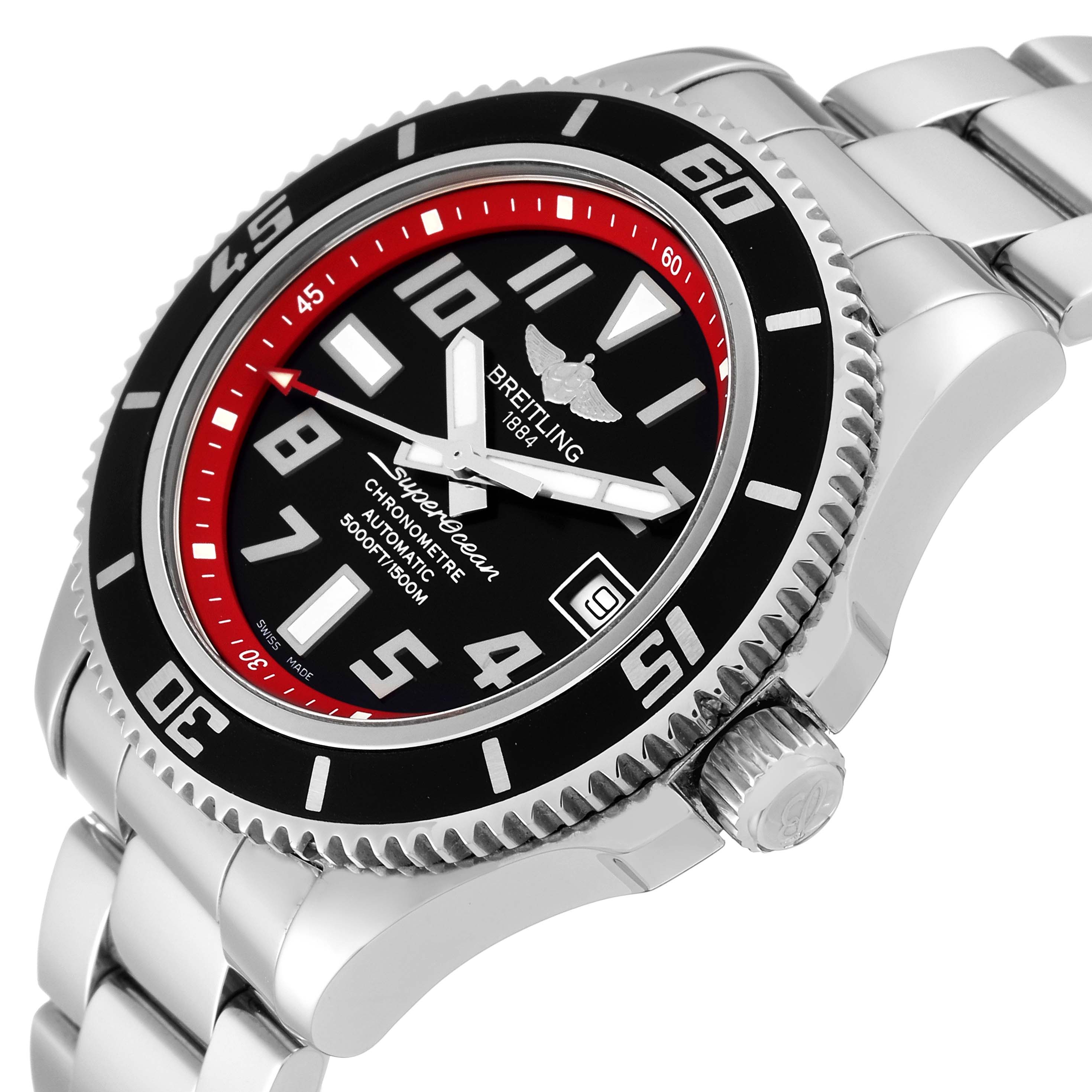 The image shows a Breitling Superocean A1736402/BA31 Men's Stainless Steel Black Dial A1736402/BA31 Men's Stainless Steel Black Dial watch at a slight side angle, focusing on the dial, bezel, crown, and part of the bracelet.