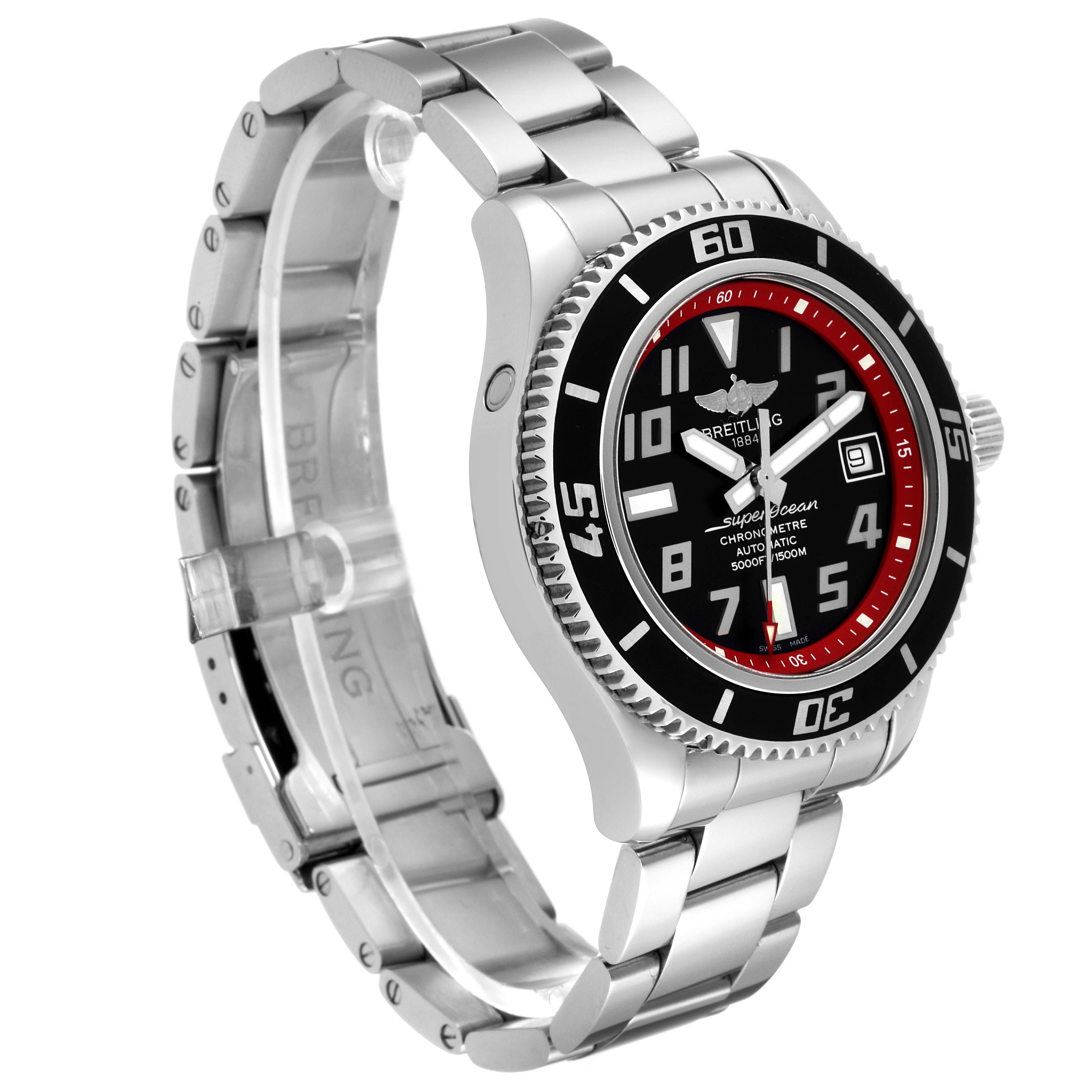 The Breitling Superocean A1736402/BA31 Men's Stainless Steel Black Dial A1736402/BA31 Men's Stainless Steel Black Dial watch is shown at a slight left-side angle displaying the face, bezel, crown, and steel bracelet.