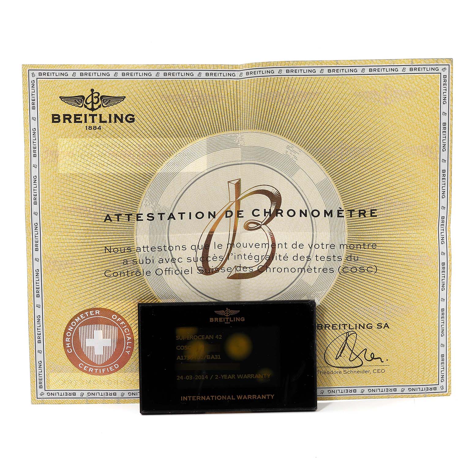 The image shows the Breitling Superocean A1736402/BA31 Men's Stainless Steel Black Dial A1736402/BA31 Men's Stainless Steel Black Dial model's certificate of chronometer and international warranty card.