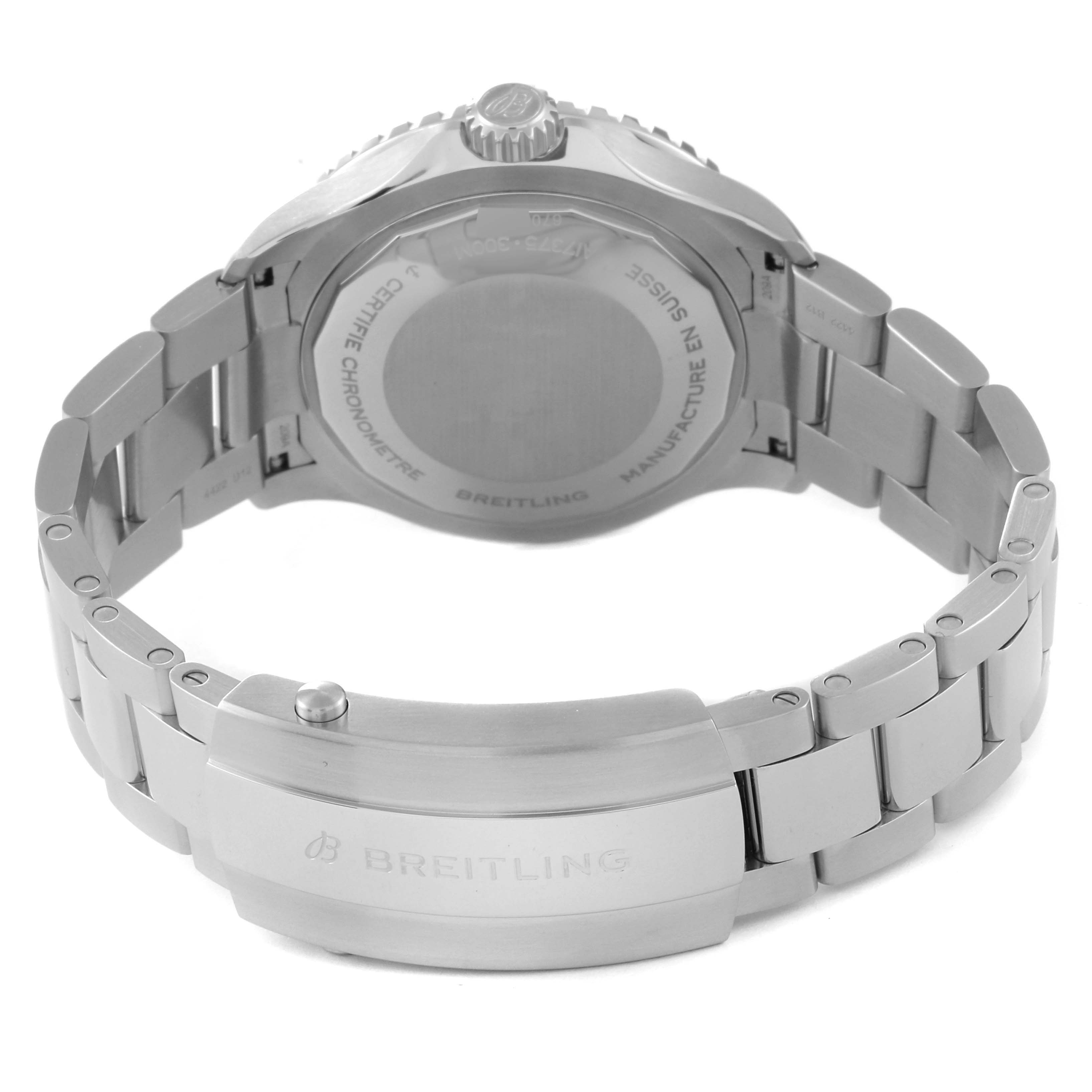 The image shows the back of a Breitling Superocean A17375 Men's Stainless Steel White Dial A17375 Men's Stainless Steel White Dial watch, highlighting the case back and bracelet with the brand name engraved on the clasp.