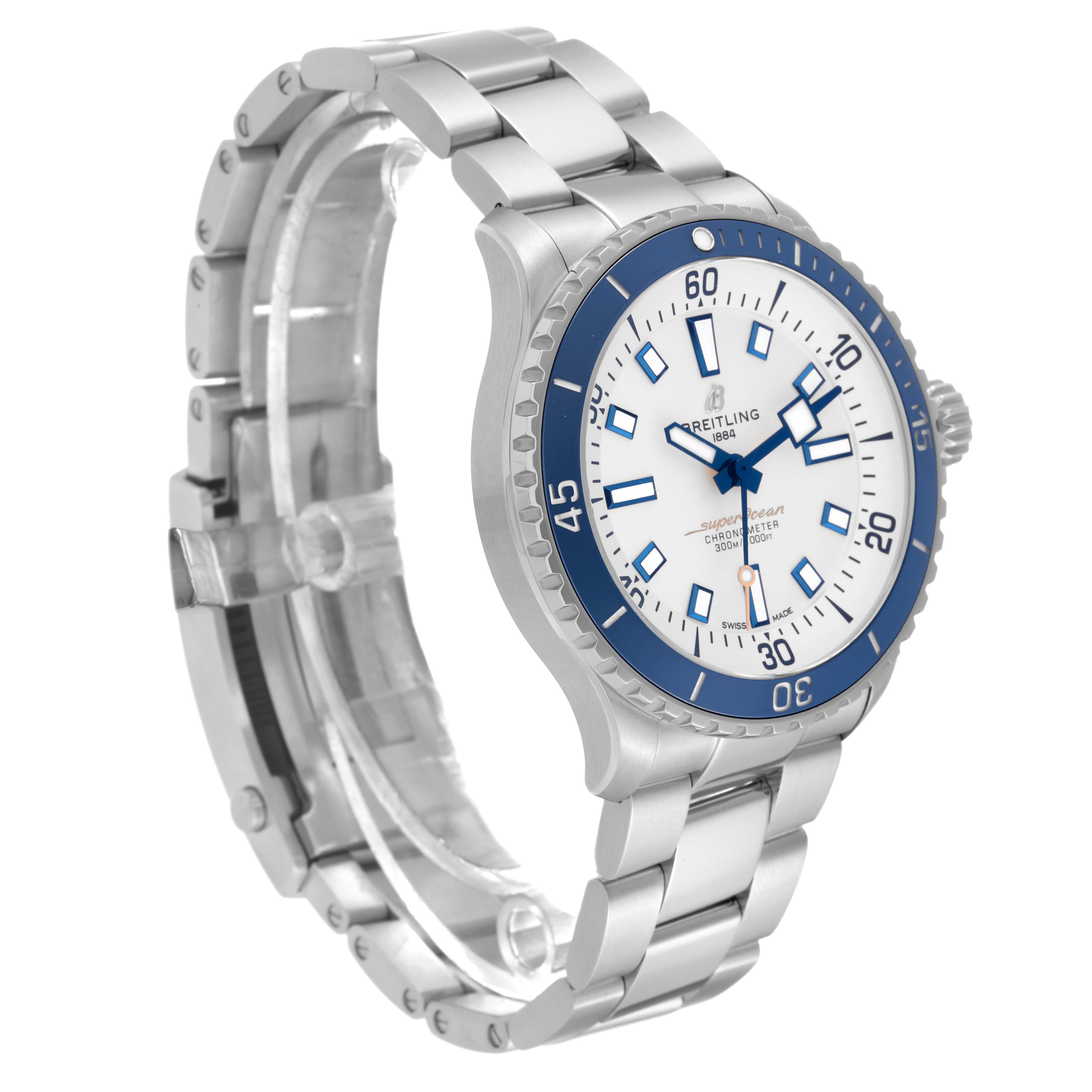 The image shows a side angle of the Breitling Superocean A17375 Men's Stainless Steel White Dial A17375 Men's Stainless Steel White Dial watch, highlighting its face, bezel, and bracelet.