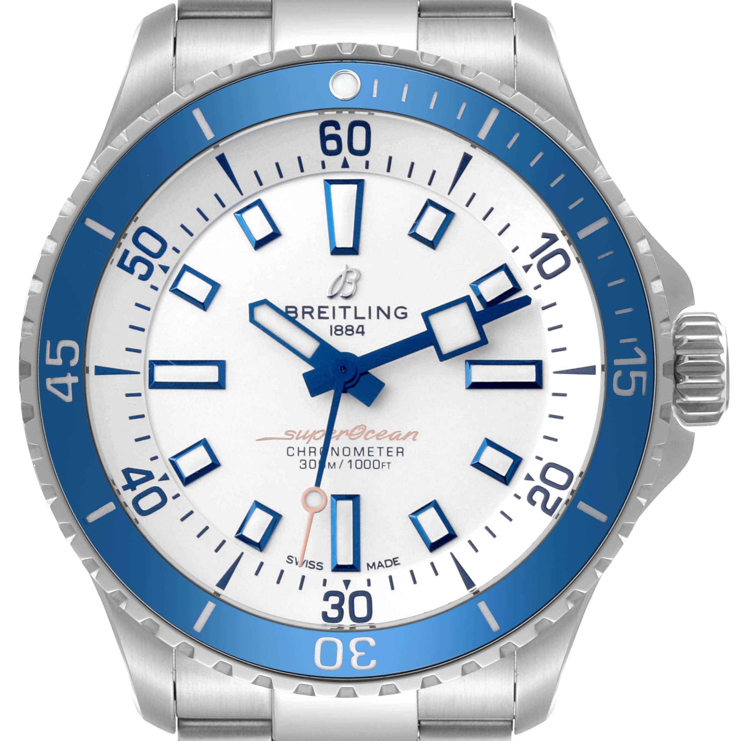 The image shows a front view of a Breitling Superocean A17375 Men's Stainless Steel White Dial A17375 Men's Stainless Steel White Dial watch, highlighting the dial, bezel, and part of the bracelet.