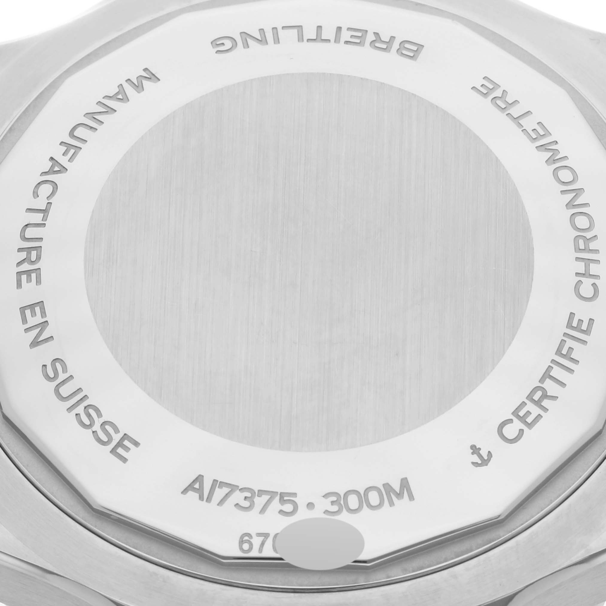 This image shows the back case of the Breitling Superocean A17375 Men's Stainless Steel White Dial A17375 Men's Stainless Steel White Dial watch, displaying its model number, water resistance, and Swiss manufacture details.