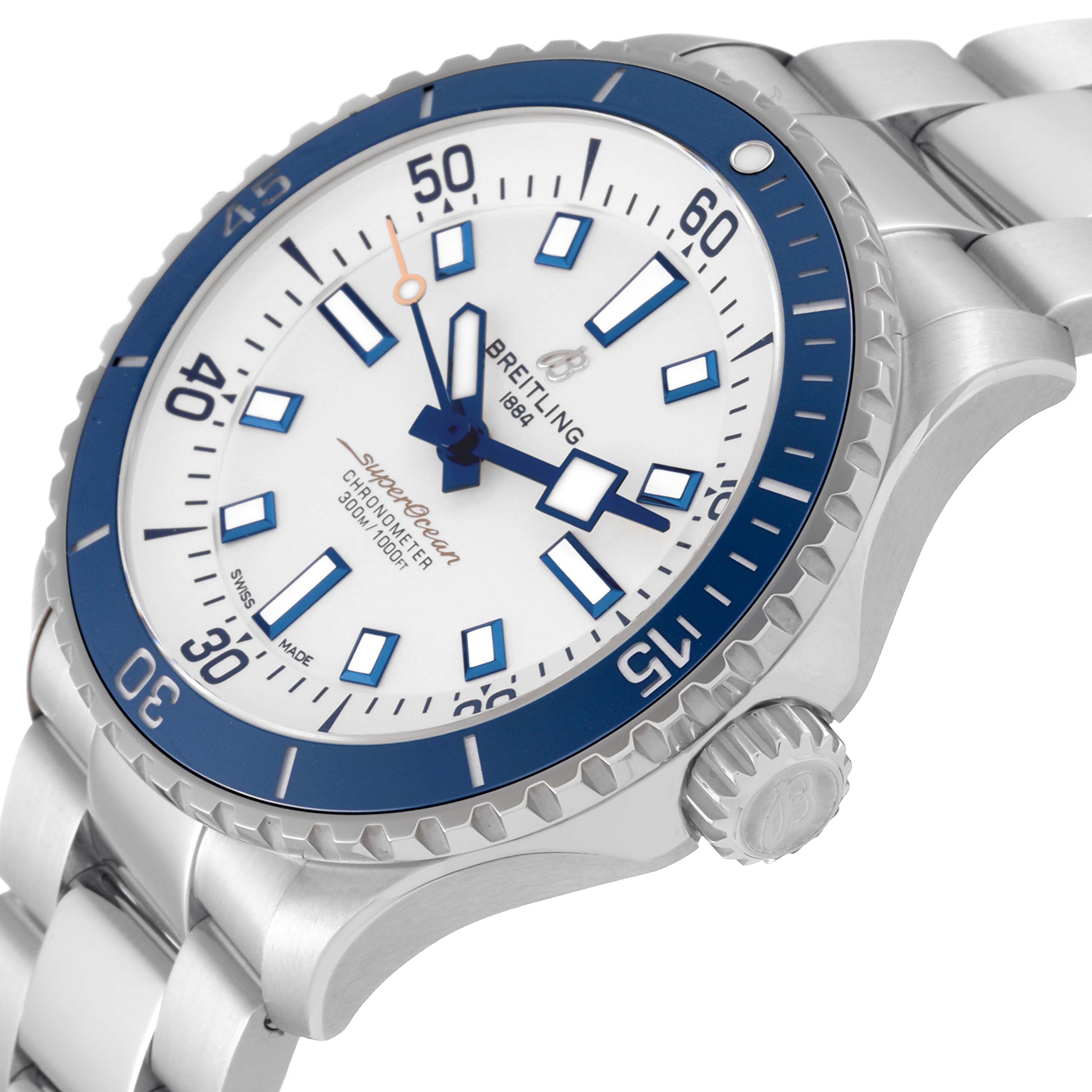 This image shows a close-up view of the Breitling Superocean A17375 Men's Stainless Steel White Dial A17375 Men's Stainless Steel White Dial watch, highlighting the dial, bezel, crown, and part of the bracelet.